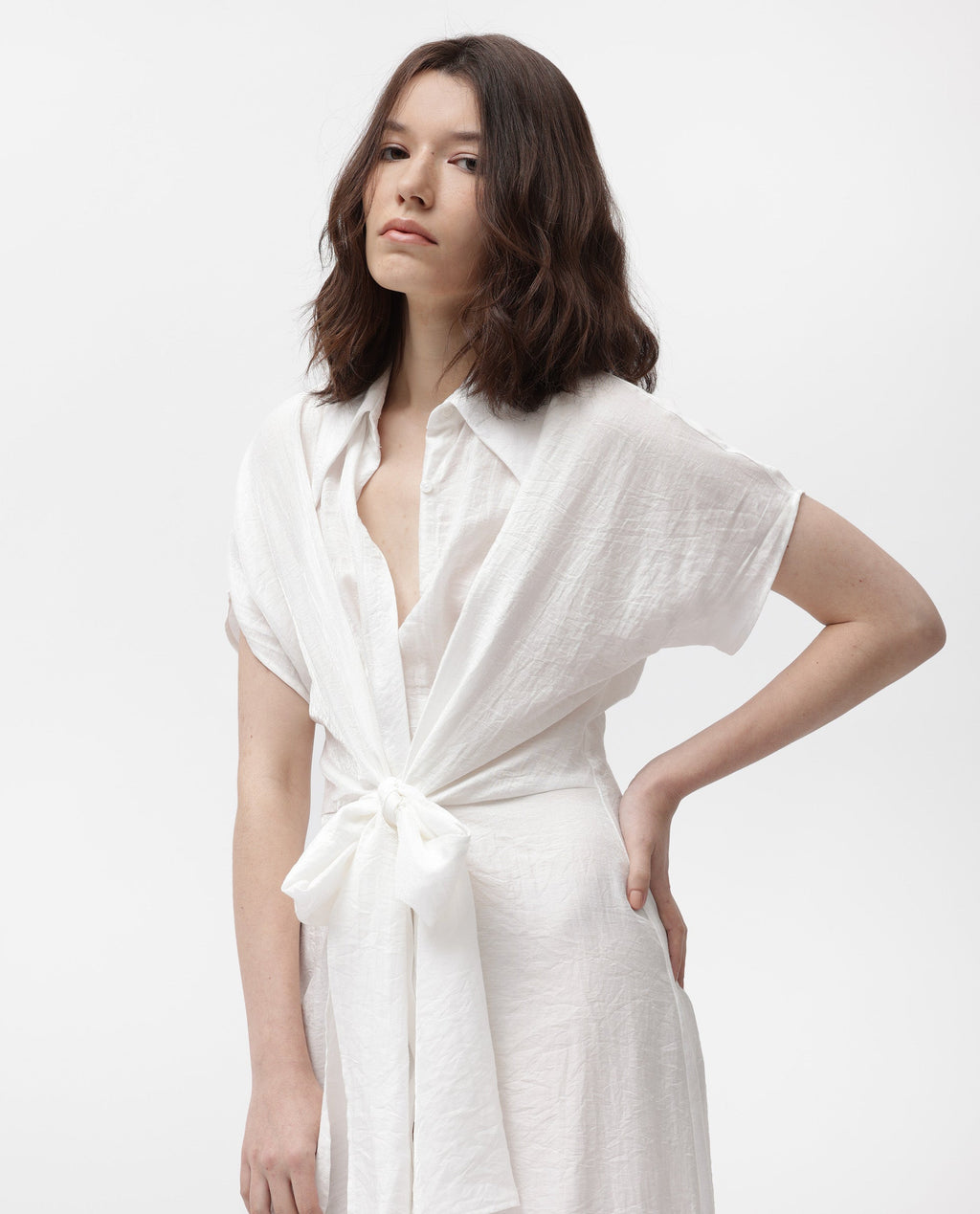 Rareism Women's Husen Dark White Polyester Blend Spread Collar Plain Midi Regular Fit Dress