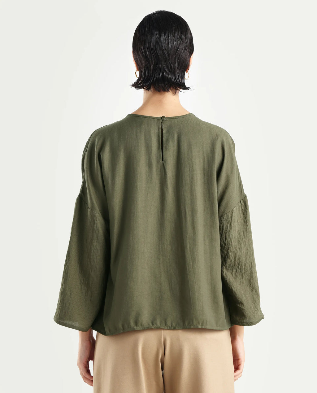 Rareism Women's Husik Olive Viscose Blend Crew Neck Plain Raglan Sleeve Relaxed Fit Top