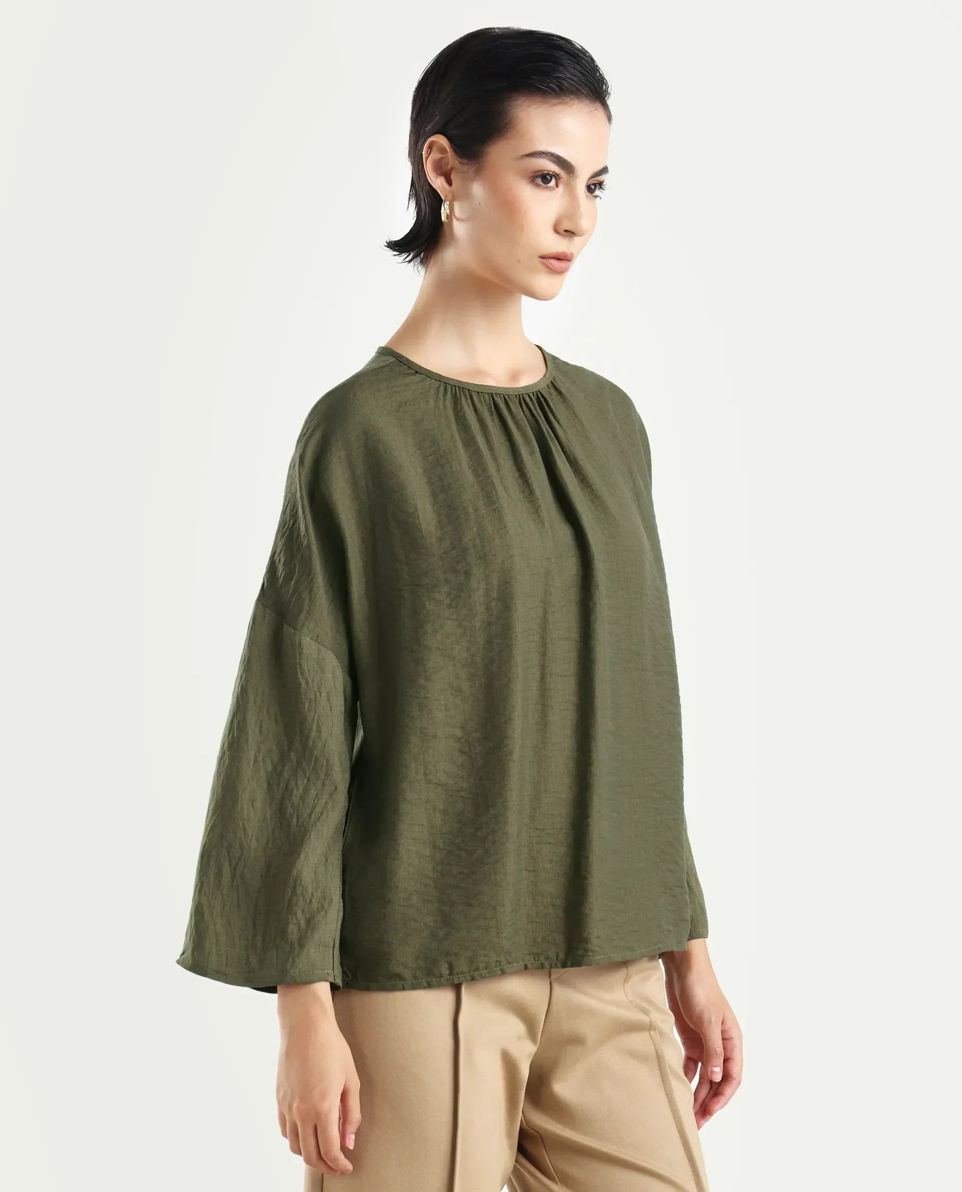 Rareism Women's Husik Olive Viscose Blend Crew Neck Plain Raglan Sleeve Relaxed Fit Top