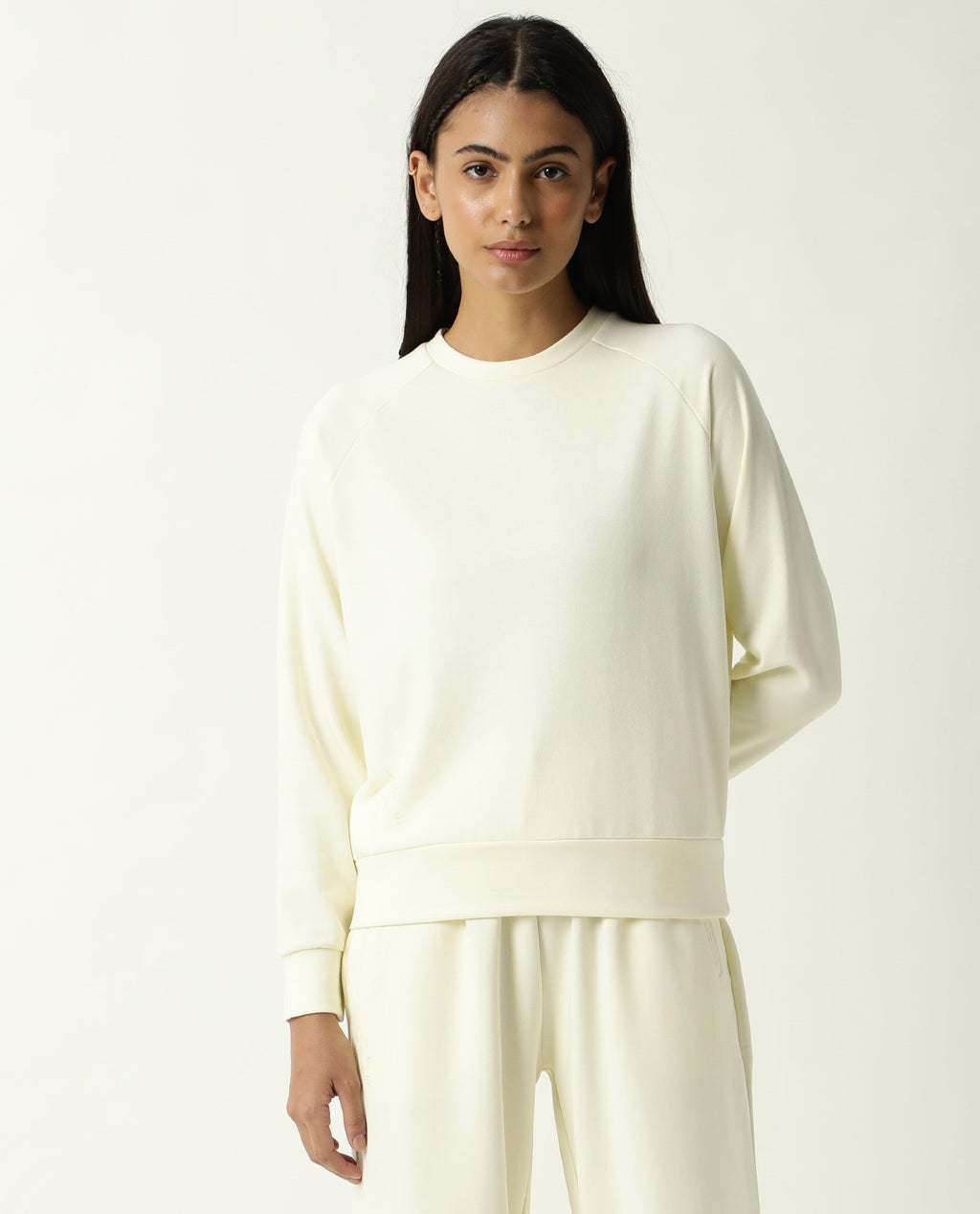 Rareism Women's Medium Weight Terry 290 Gsm Cotton Blend Crew Neck Plain Cuffed Sleeve Relaxed Fit Sweatshirt