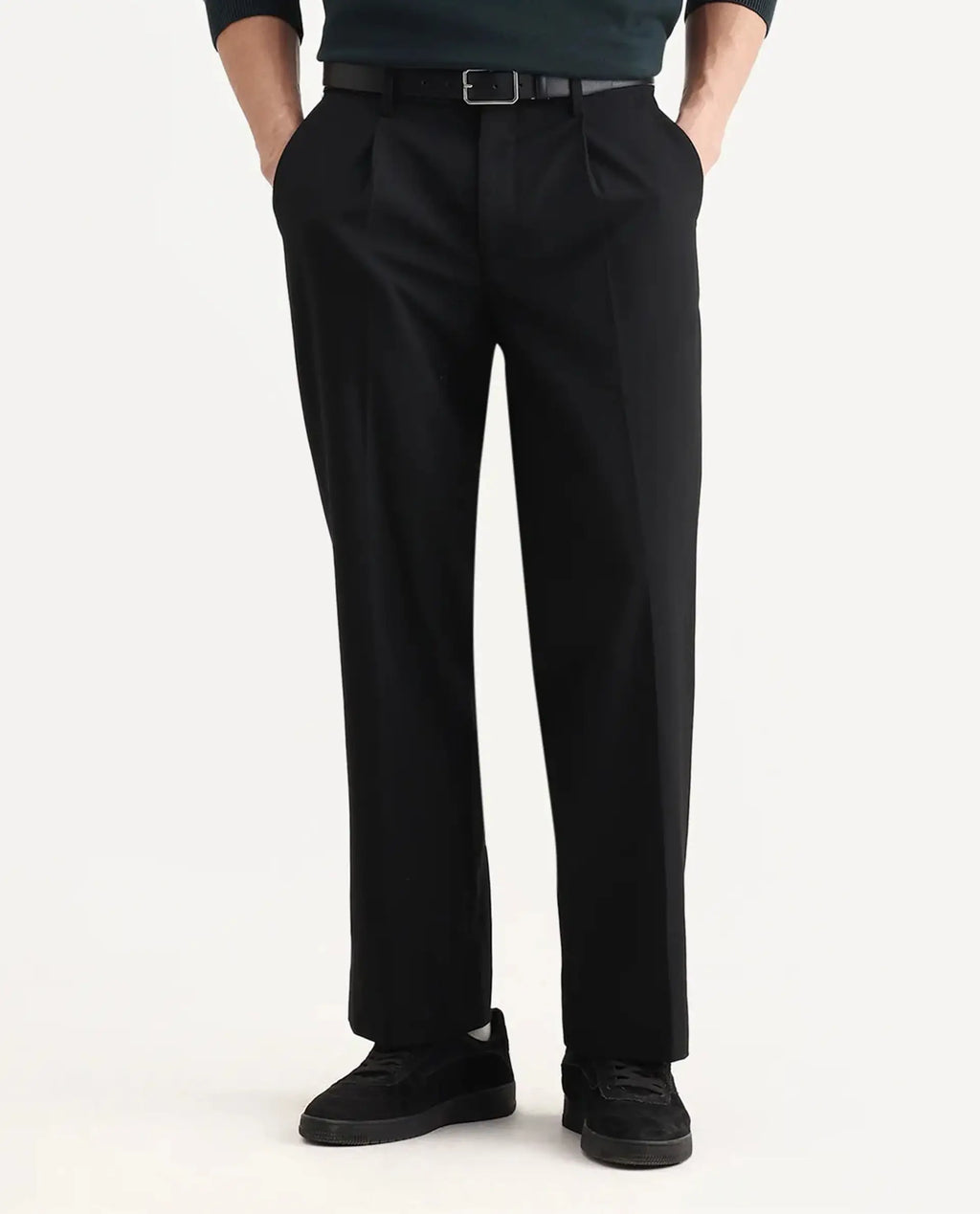 Rare Rabbit Men Pauls Black Polyester Blend Fabric Button Closure Plain Trouser