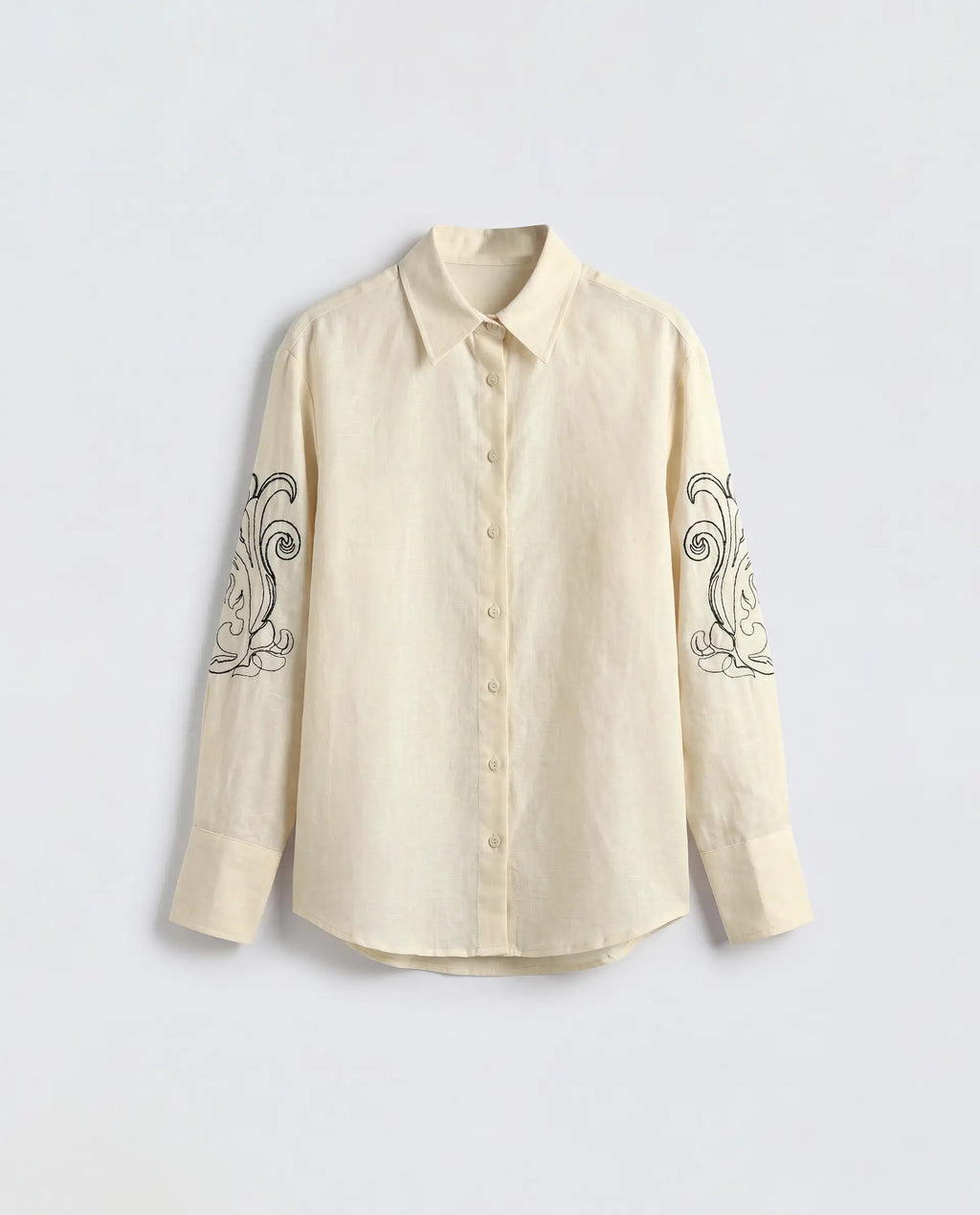 Rareism Women's Kruz Light Beige Linen Spread Collar Relaxed Embroidered Shirt