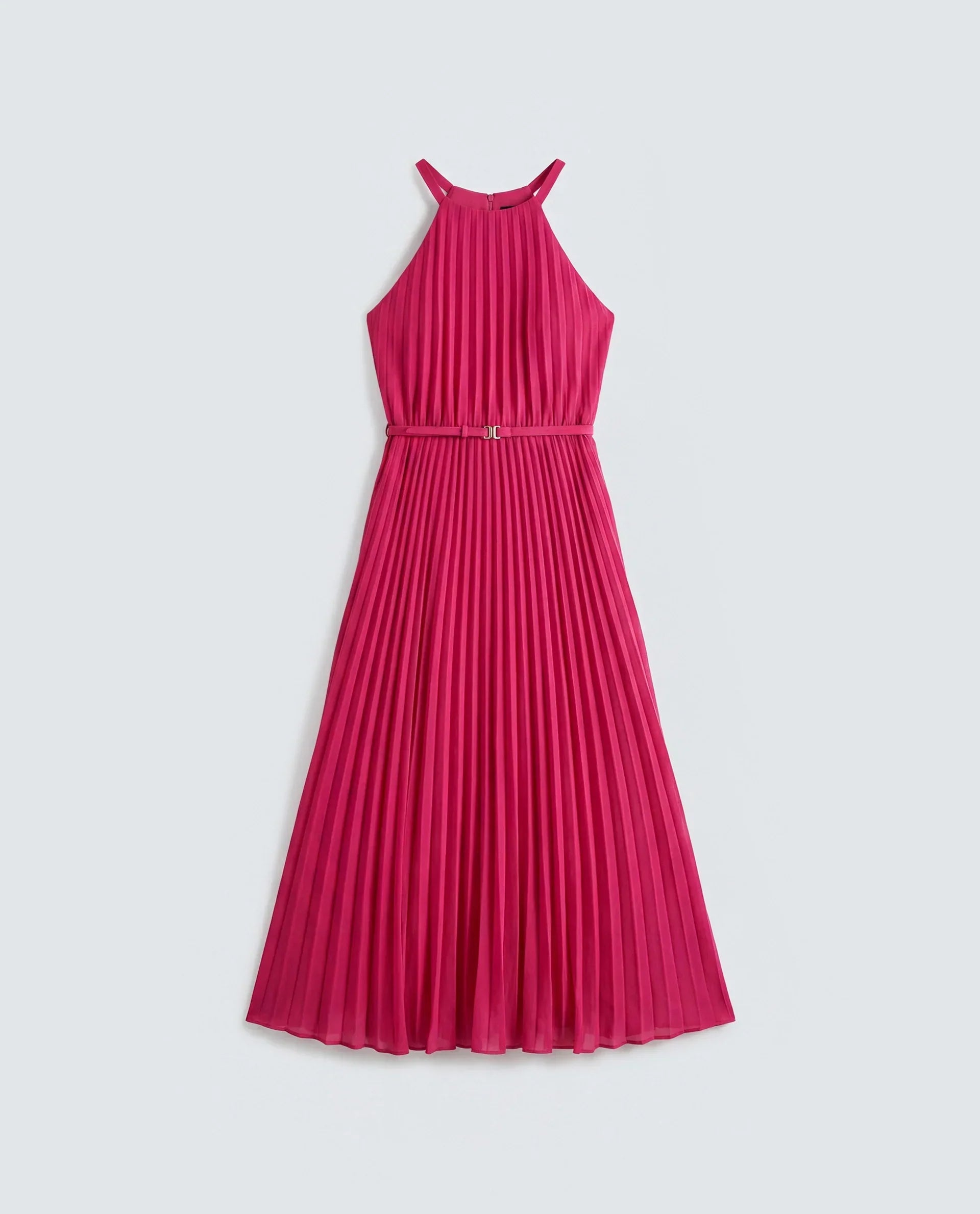 Rareism Women's Meplet Pink Polyester Sleeveless Halter Neck A-Line Dress