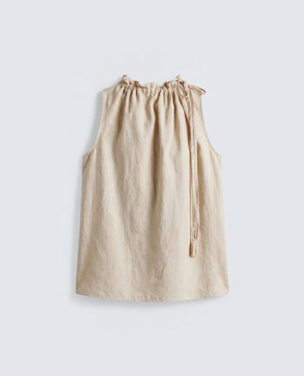 Rareism Women's Russo Beige Linen Blend Ruffled Neck Relaxed Plain Top