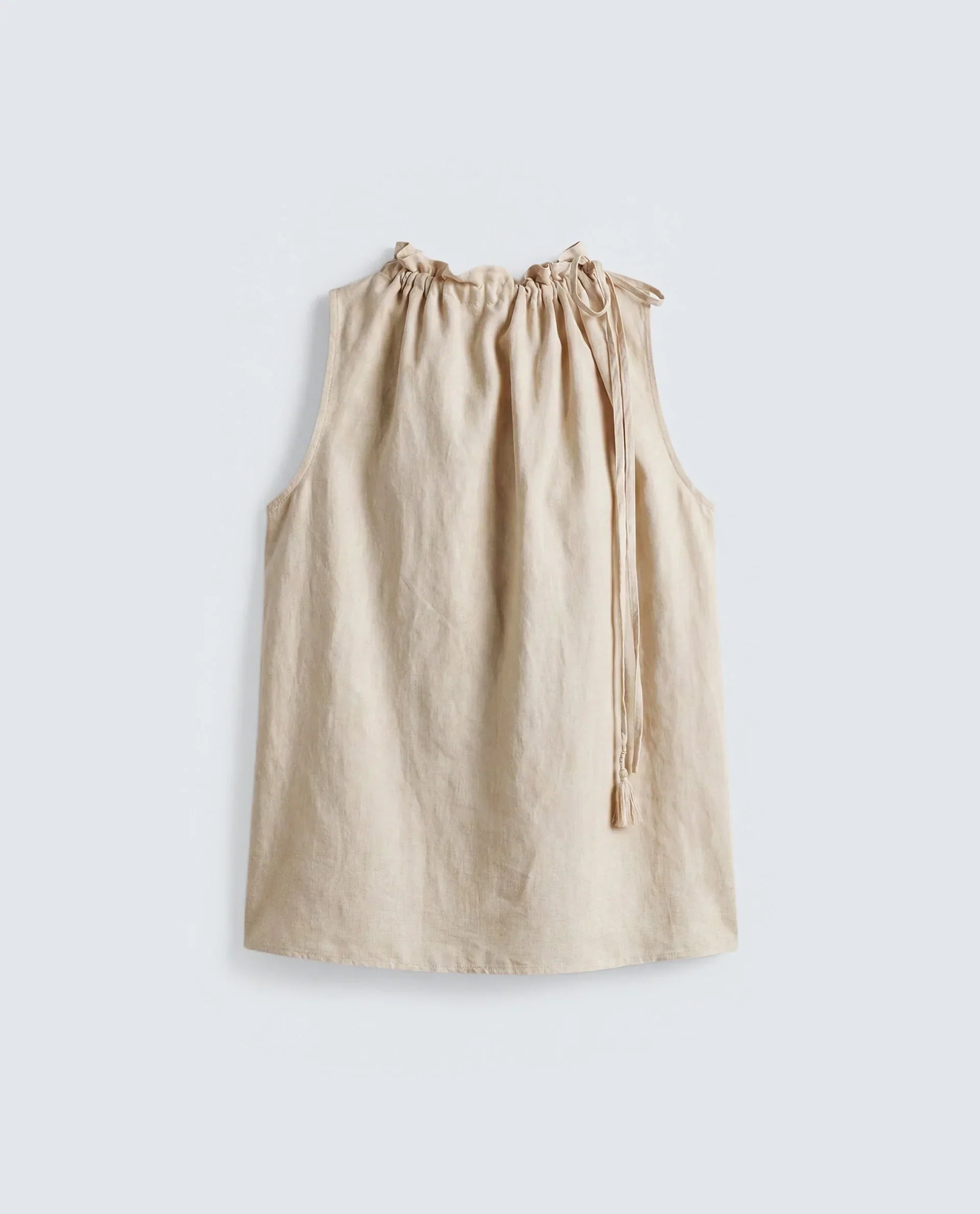 Rareism Women's Russo Beige Linen Blend Ruffled Neck Relaxed Plain Top