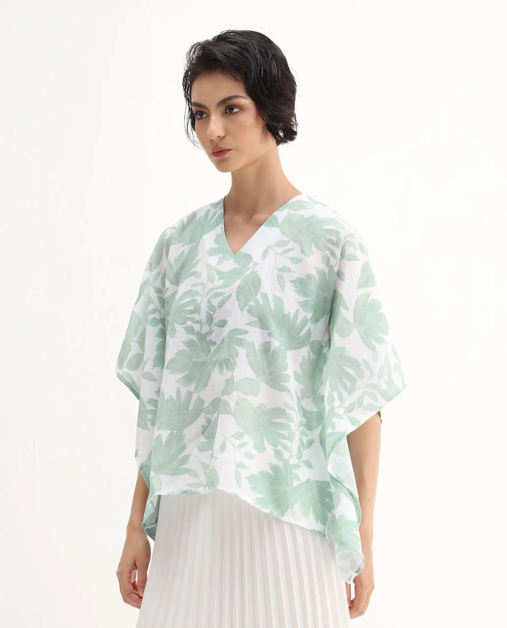 Rareism Women's Ibac Light Green Linen V-Neck Floral Print Kimono Sleeve Relaxed Fit Top