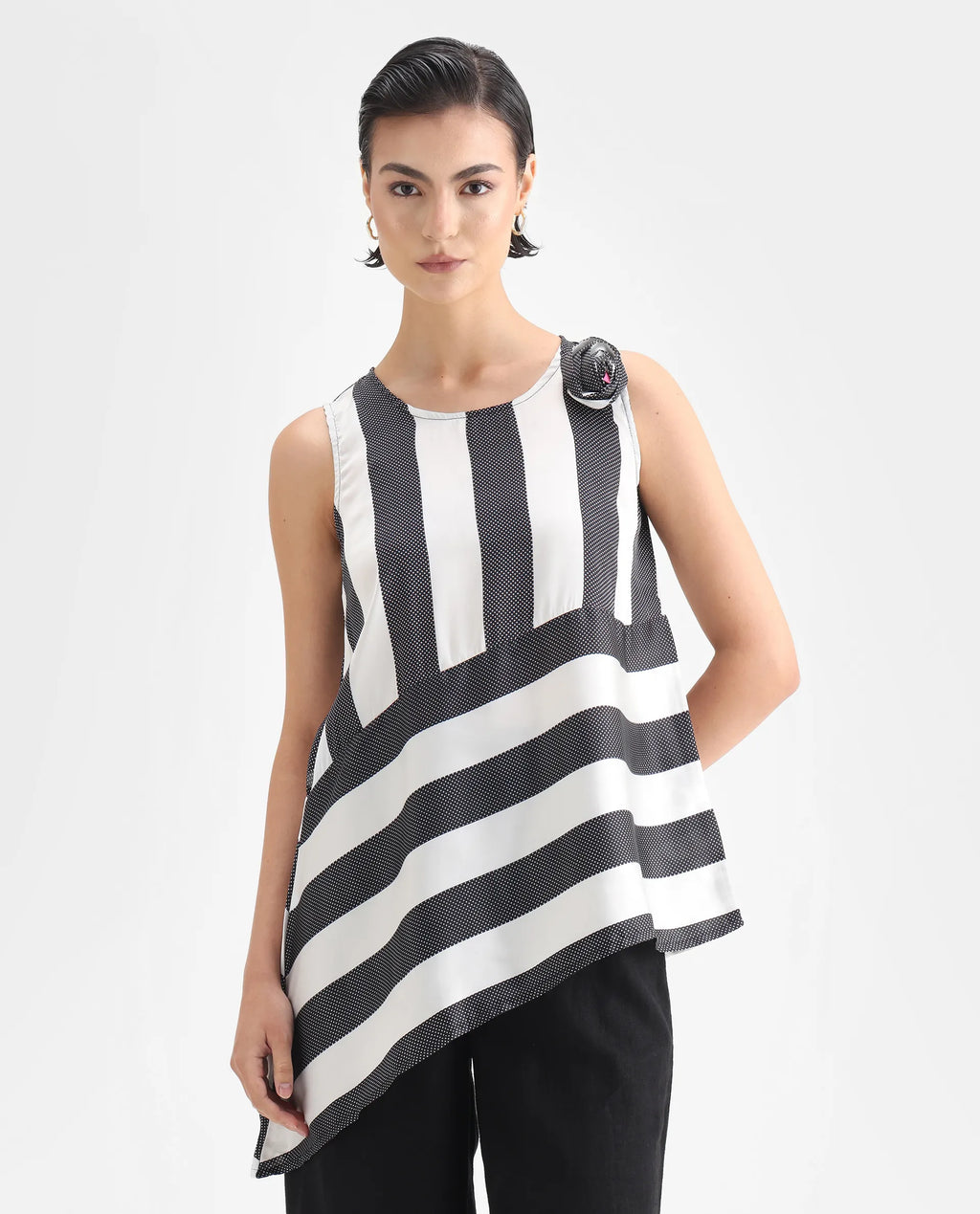 Rareism Women's Idaho - White Polyester Boat Neck Striped Sleeveless Regular Fit Top