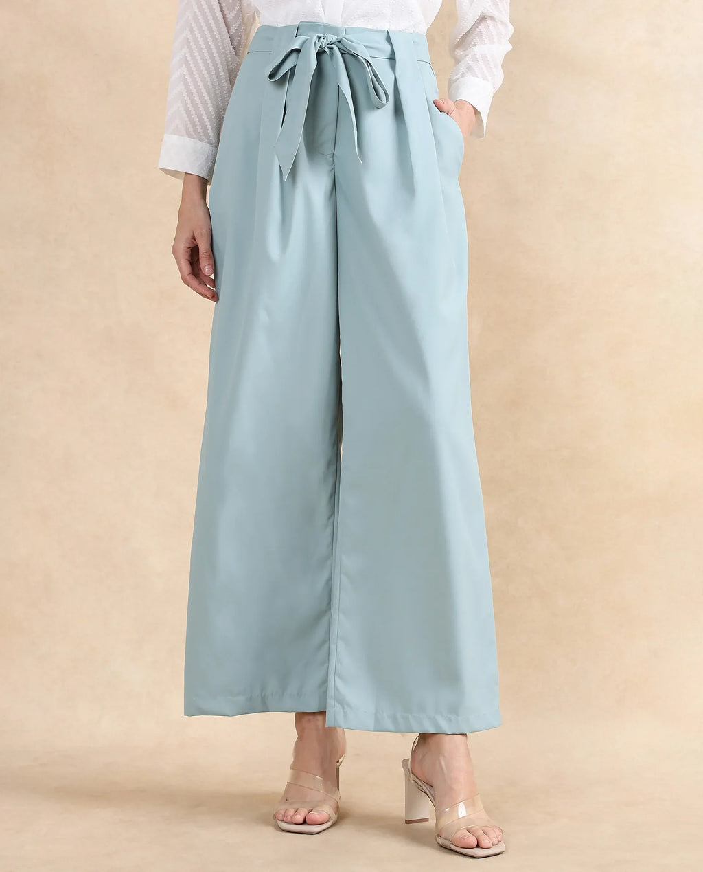 Rareism Women's Imany Light Teal Polyester Blend Plain Ankle Length Wide Trouser