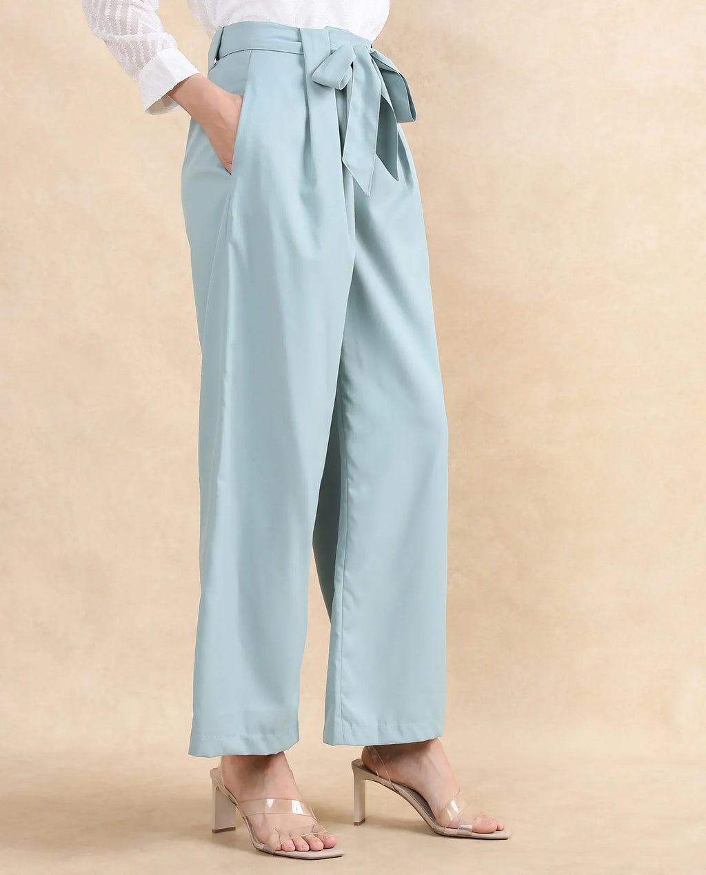 Rareism Women's Imany Light Teal Polyester Blend Plain Ankle Length Wide Trouser