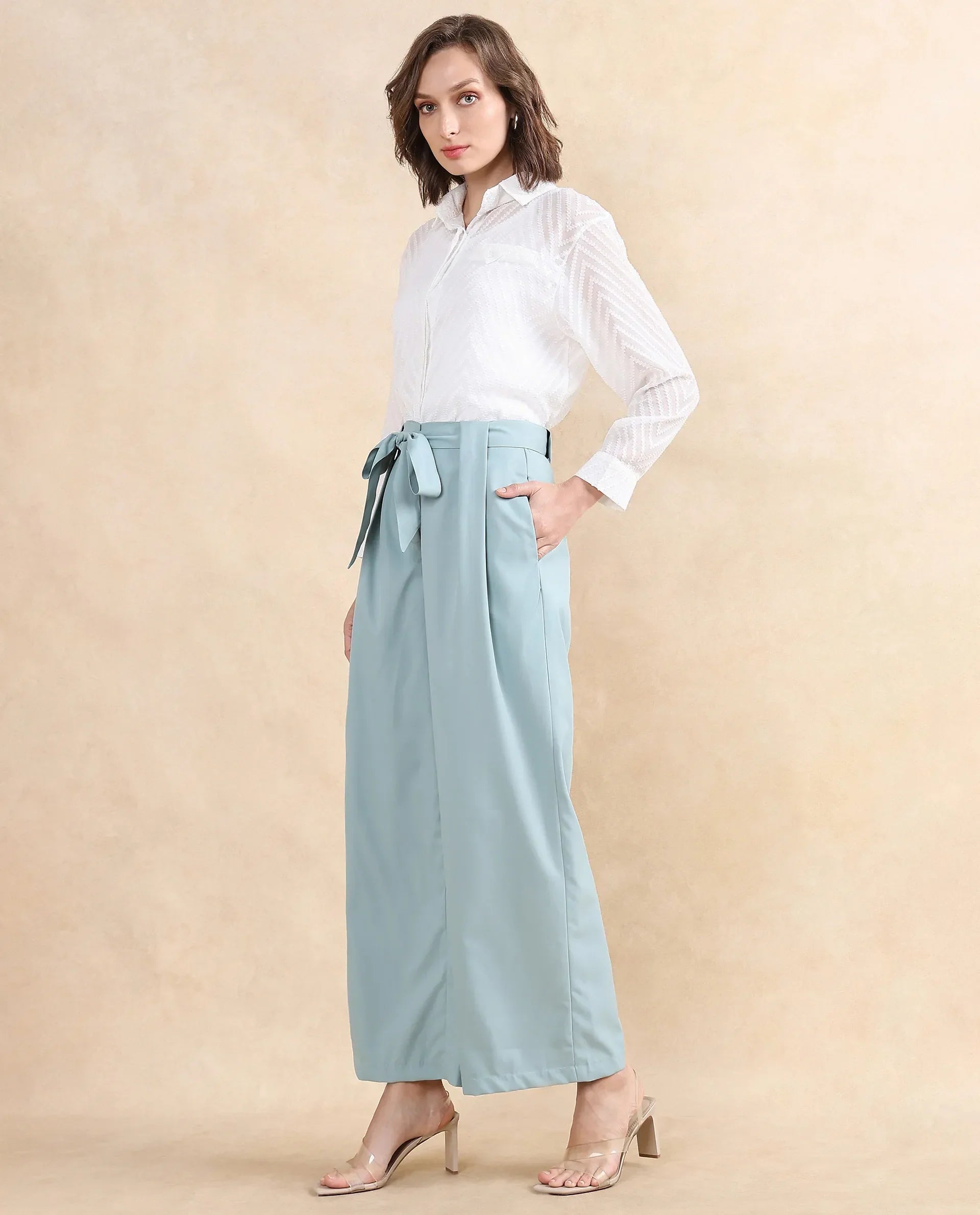 Rareism Women's Imany Light Teal Polyester Blend Plain Ankle Length Wide Trouser
