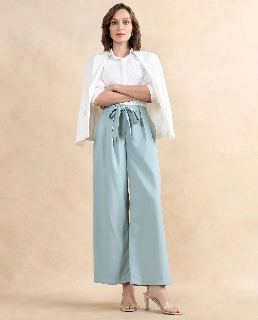 Rareism Women's Imany Light Teal Polyester Blend Plain Ankle Length Wide Trouser