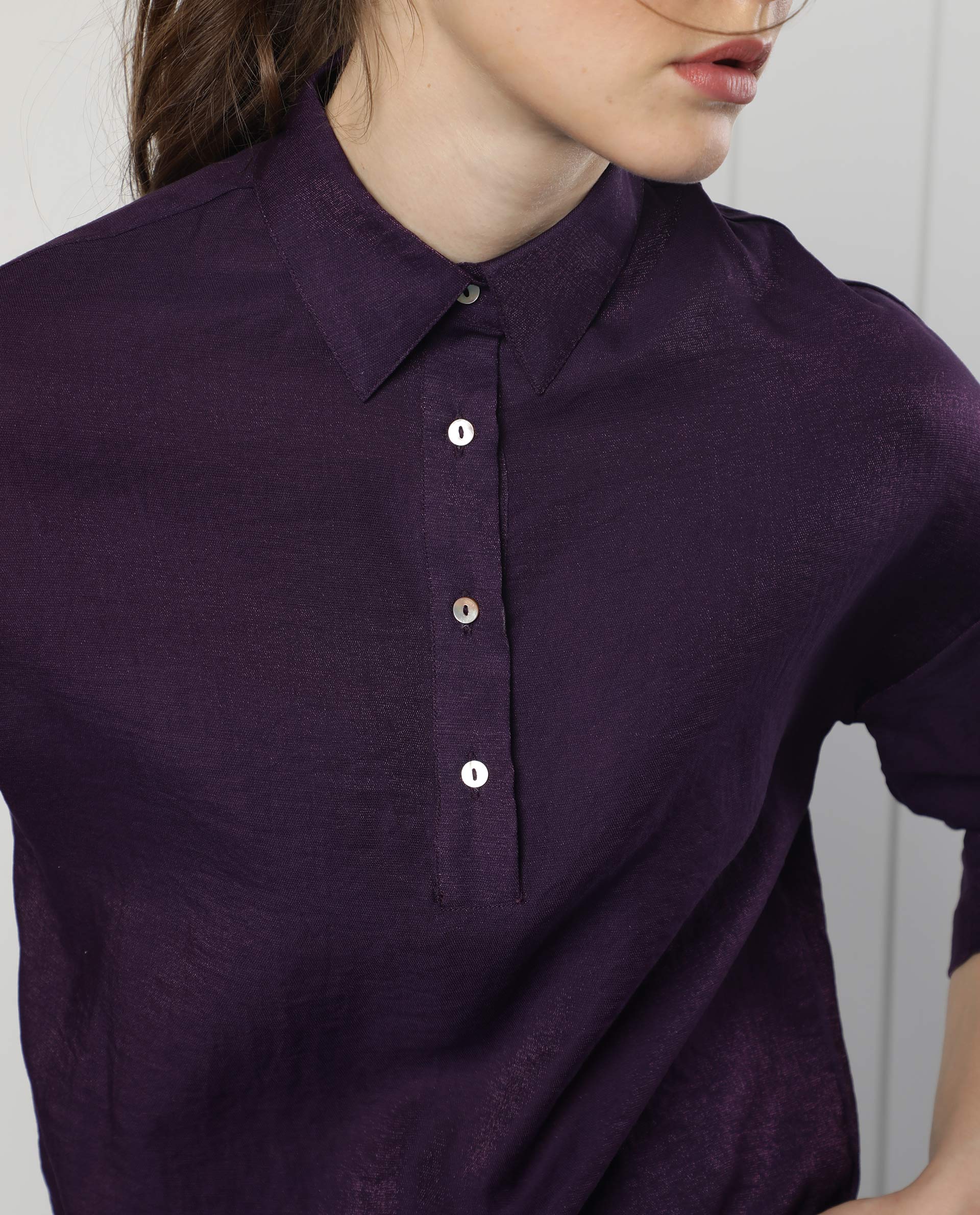 Rareism Women's Velynn Purple Polyester Spread Collar Plain Regular Fit Top