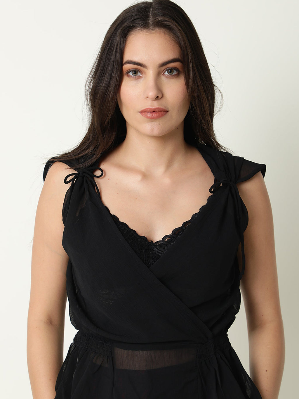 Rareism Women's Belong Black Viscose V-Neck Plain Sleeveless Regular Fit Top