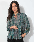Rareism Women's Cataline Olive Polyester Tie-Up Neck Geometric Print Regular Fit Top