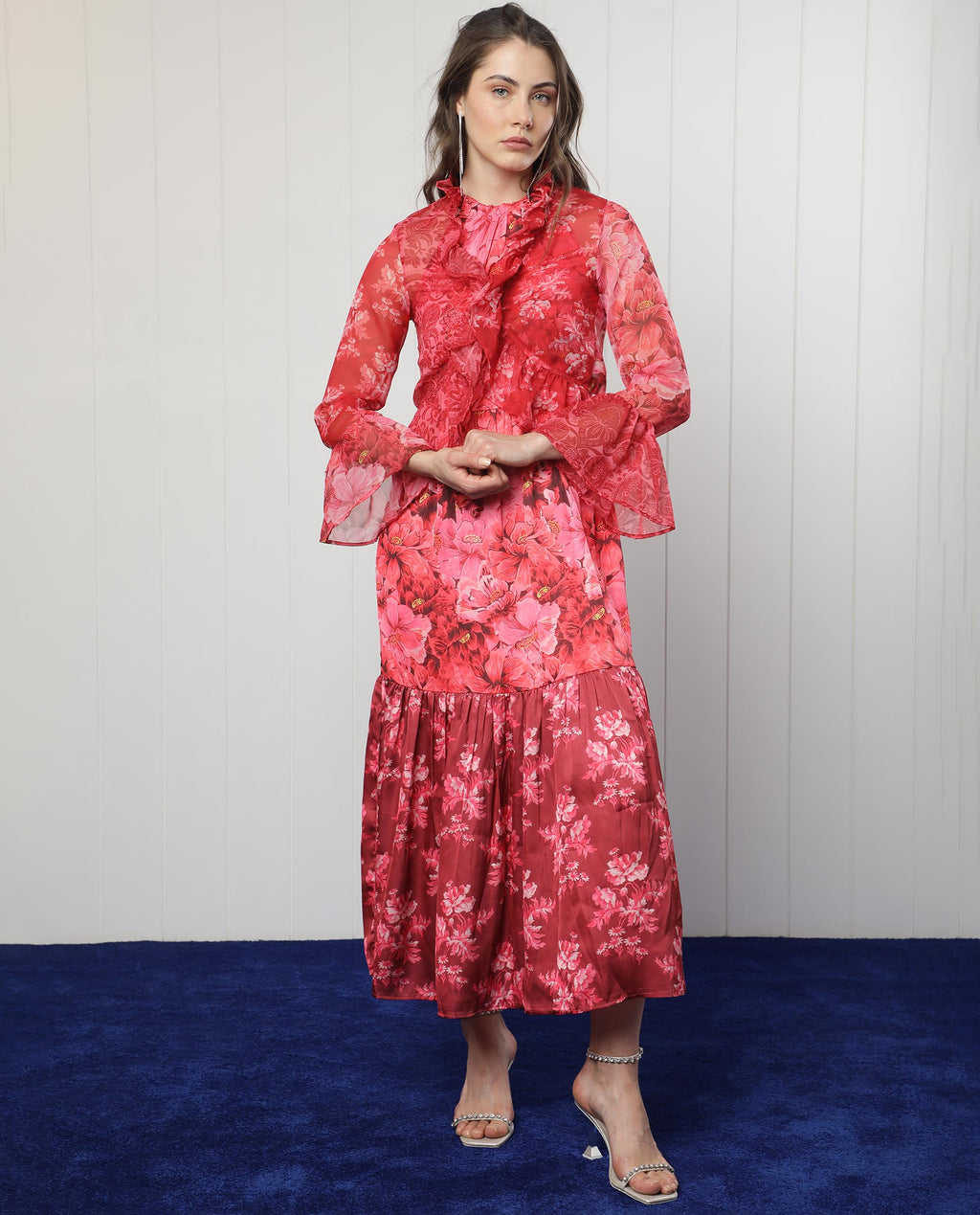 Rareism Women's Myloh Maroon Polyester V-Neck Floral Print Bell Sleeve Crop Regular Fit Shrug