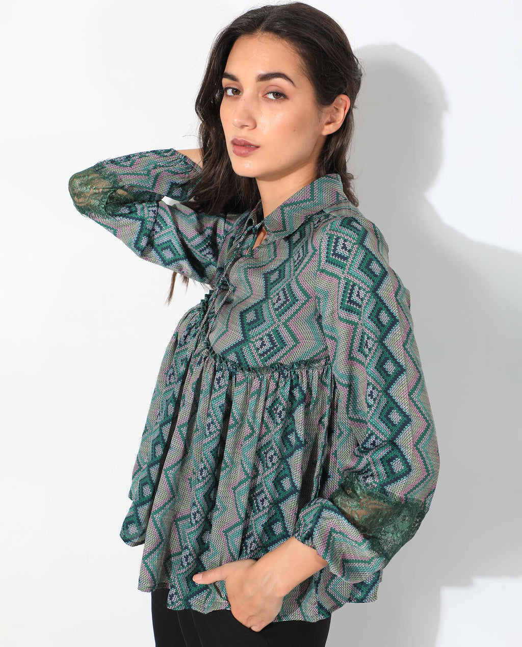Rareism Women's Cataline Olive Polyester Tie-Up Neck Geometric Print Regular Fit Top