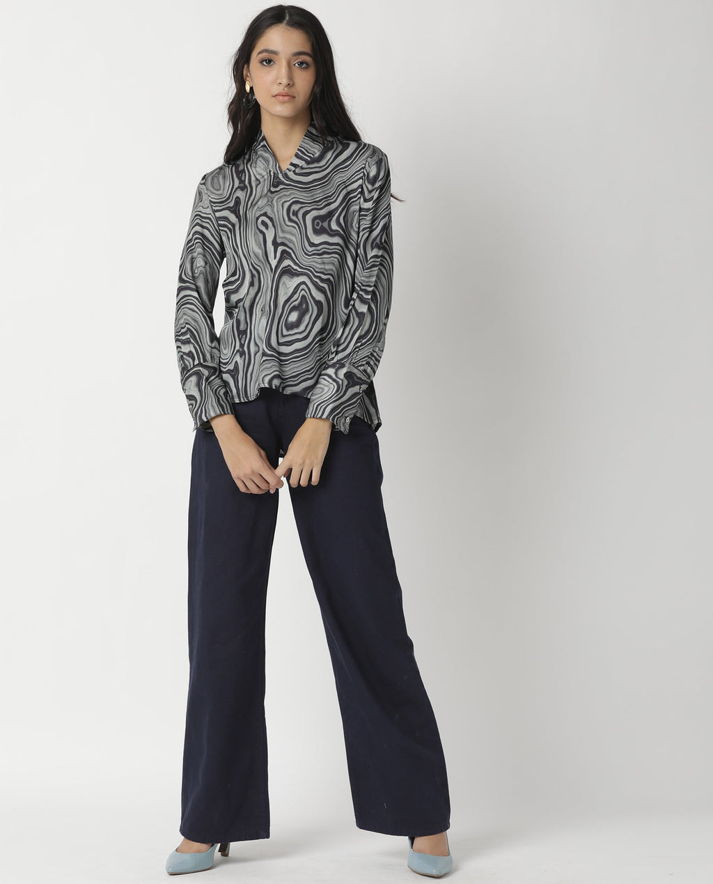 Rareism Womens Camp Black Top Modal Satin Fabric Regular Fit Cuffed Sleeve Mandarin Neck