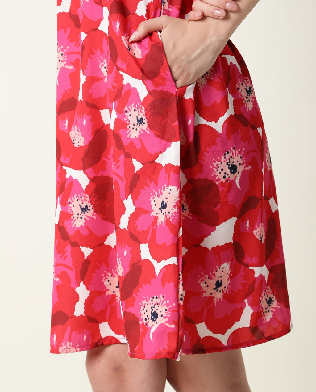 Rareism Women's Oasis Red Halter Neck Floral Print Sleeveless Knee Length Regular Fit Dress
