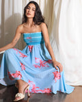 Rareism Women's Quinzo Blue Cotton Tube Neck Floral Print Sleeveless Knee Length Regular Fit Dress