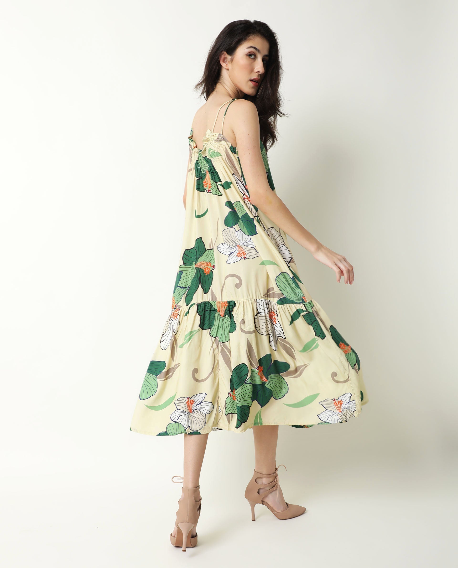 Rareism Women's Etana Offwhite Viscose V-Neck Floral Print Shoulder Strap Knee Length Regular Fit Dress