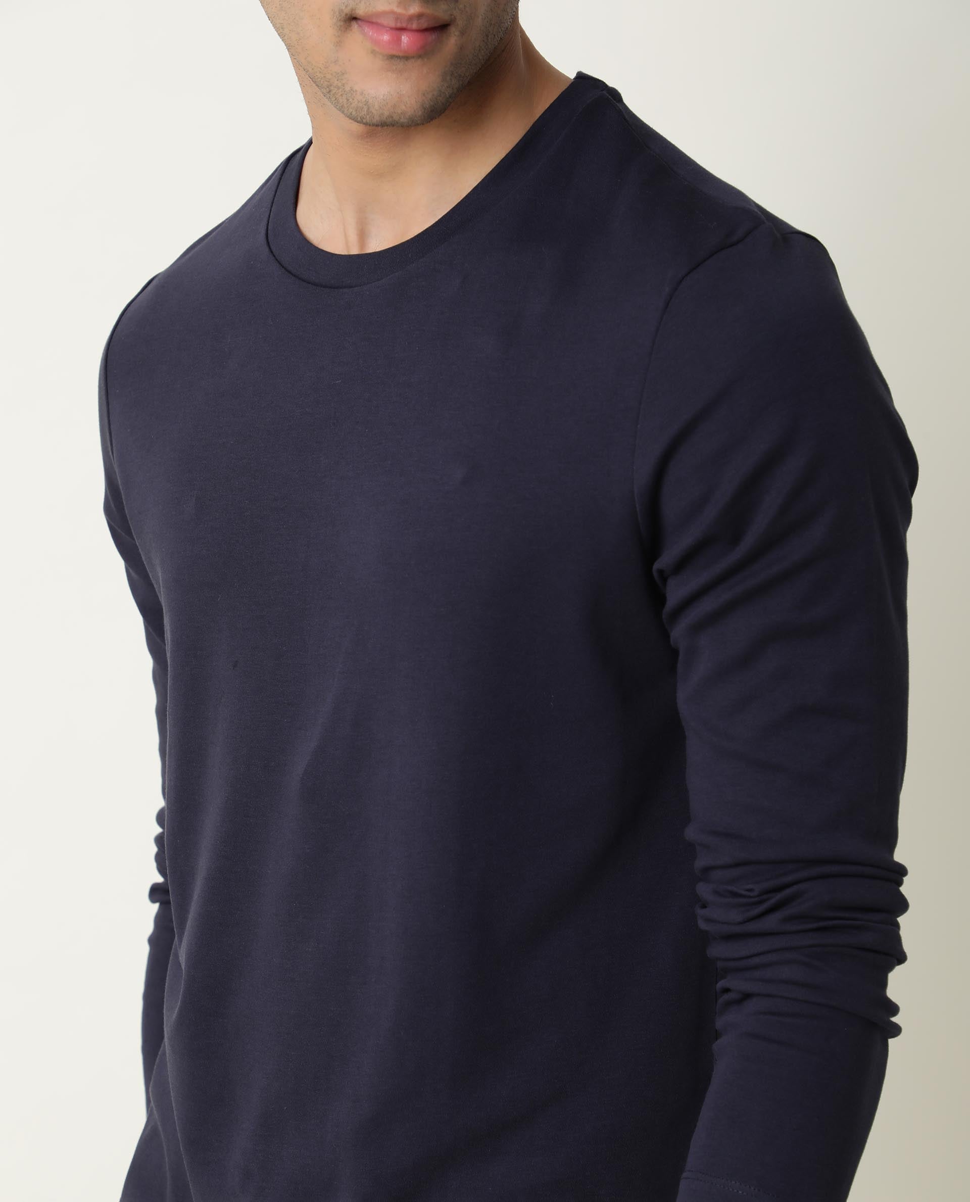 Rare Rabbit Men's Full Navy Cotton Plain Slim Fit Half Sleeve Crew Neck T-Shirt