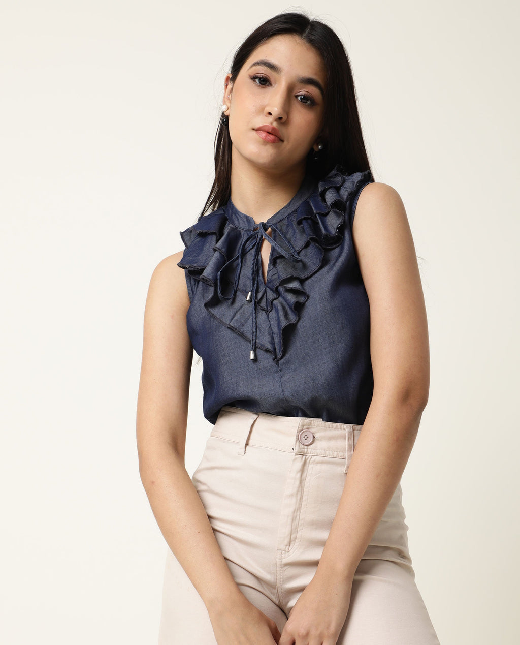 Rareism Women's Cage Navy Tencel Key Hole Neck Plain Sleeveless Tailored Top