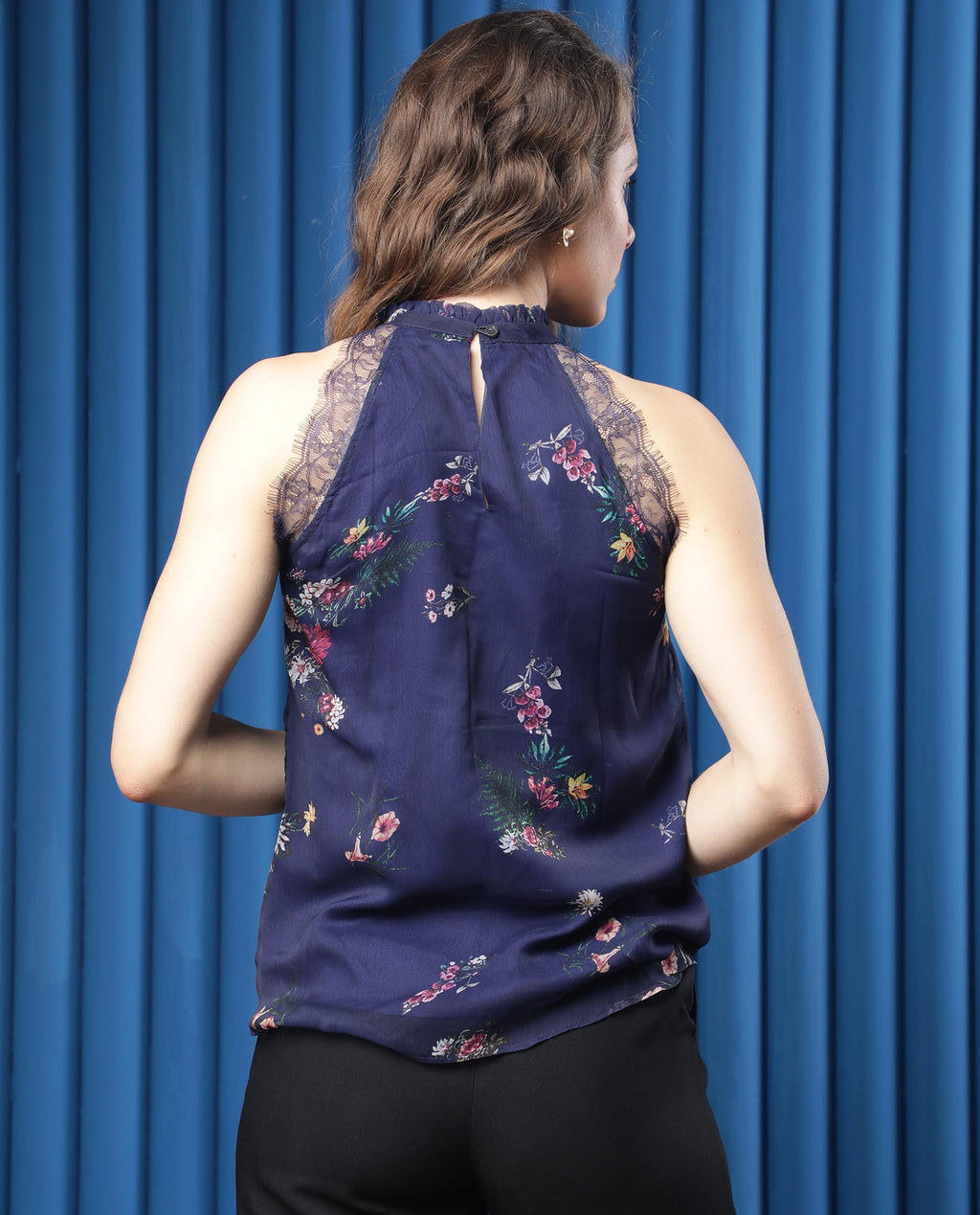 Rareism Women's Delins Blue Polyester High Neck Floral Print Sleeveless Regular Fit Top