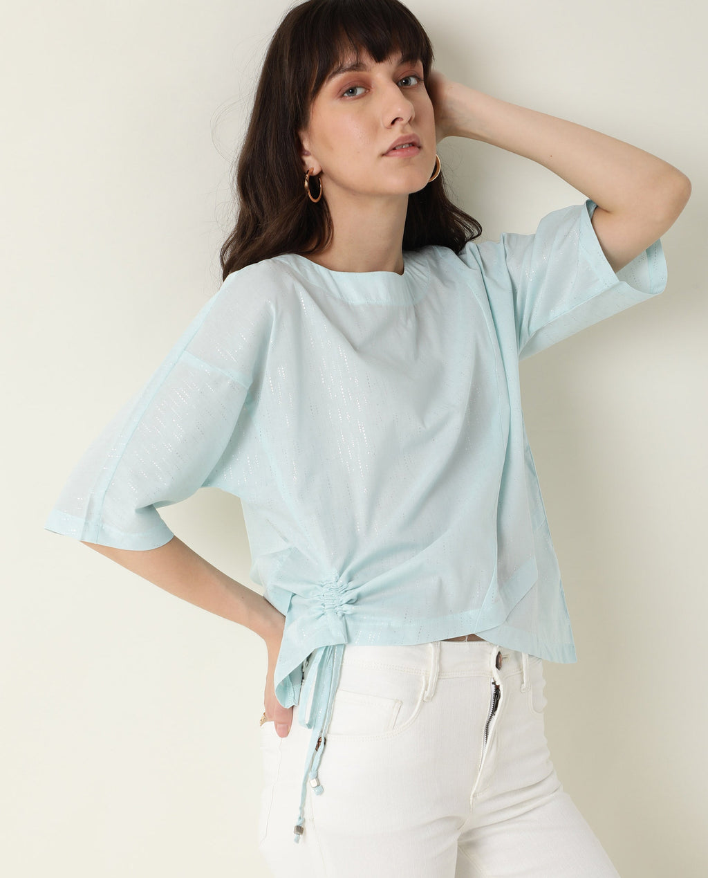 Rareism Women's Xerox Turq Cotton Boat Neck Plain Regular Fit Top