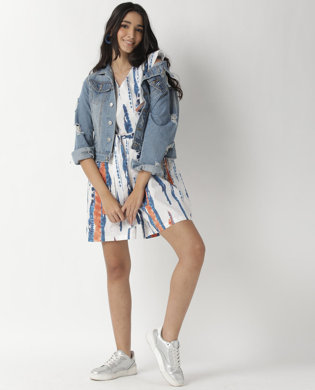 Rareism Women's Camera Offwhite Cotton V-Neck Abstract Print Sleeveless Regular Fit Playsuit