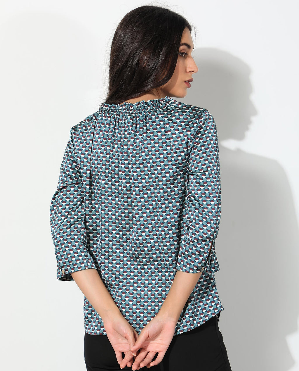 Rareism Women's Ivy Multi Polyester Sweetheart Neck Geometric Print Puff Sleeves Regular Fit Top