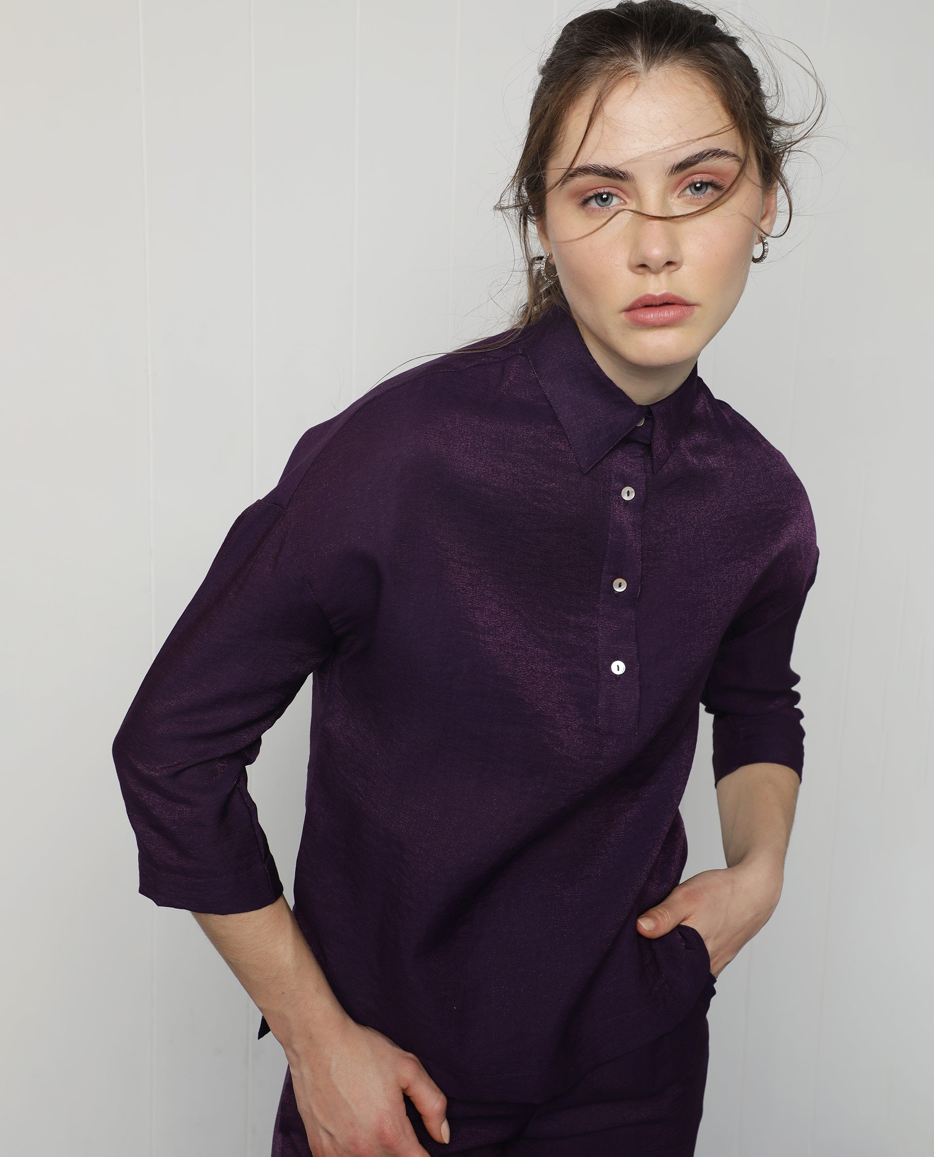 Rareism Women's Velynn Purple Polyester Spread Collar Plain Regular Fit Top