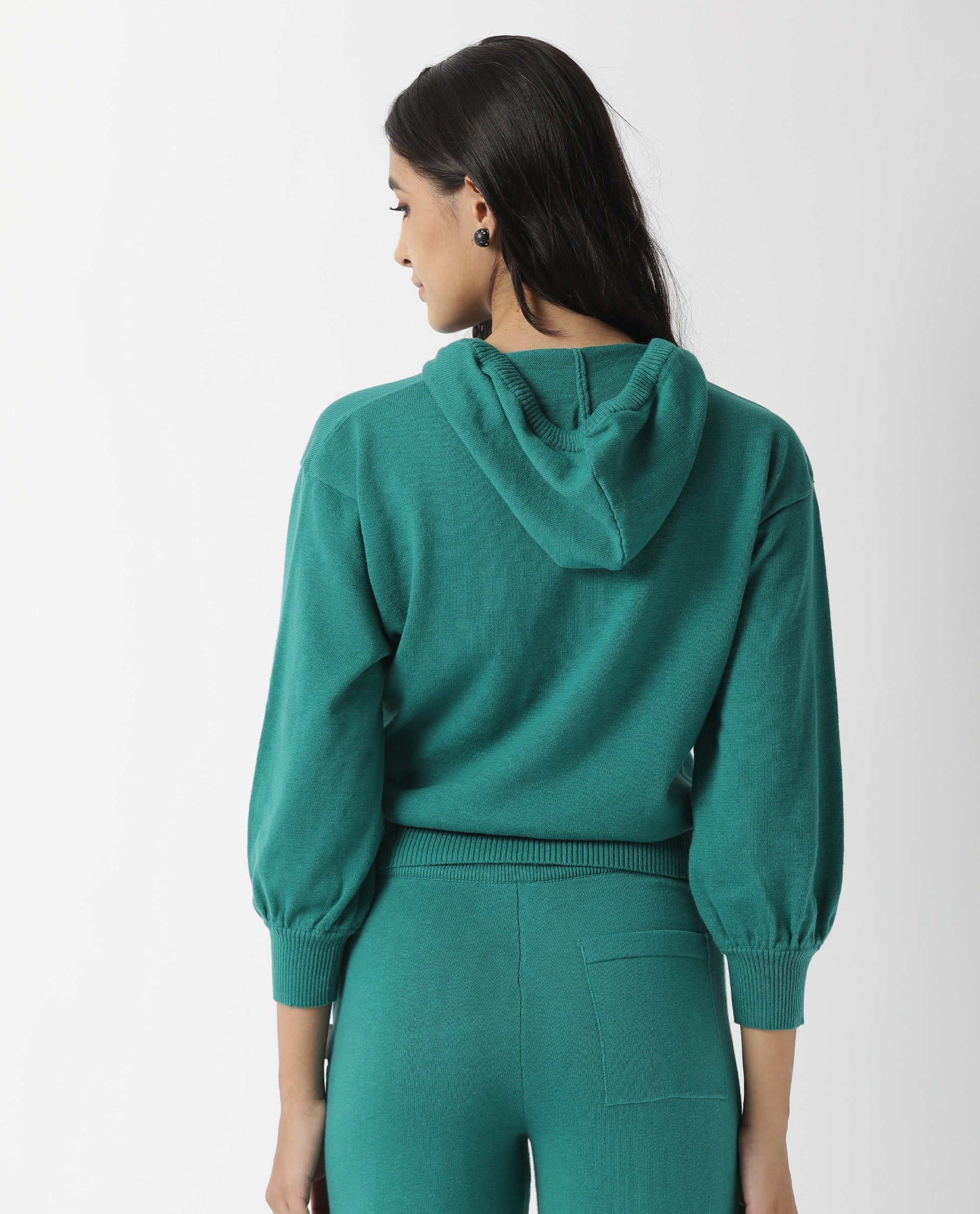 Rareism Women's Finn Sweat Green Cotton Hooded Plain Relaxed Fit Sweater