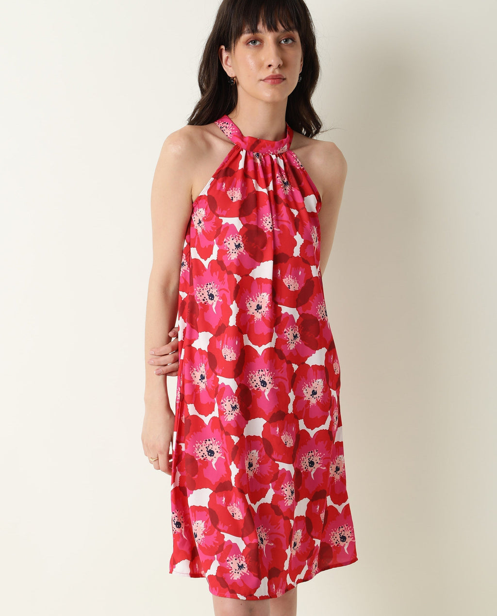 Rareism Women's Oasis Red Halter Neck Floral Print Sleeveless Knee Length Regular Fit Dress
