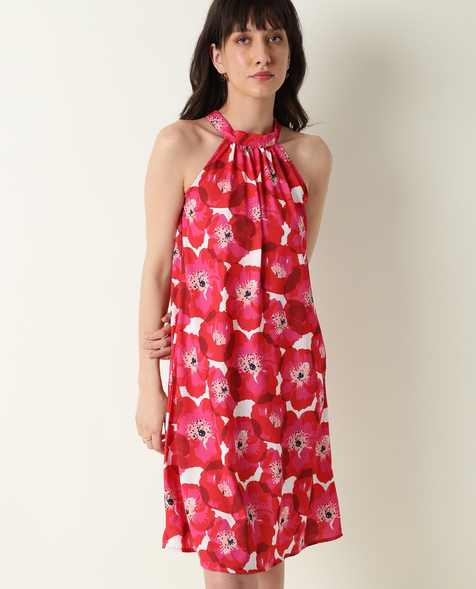 Rareism Women's Oasis Red Halter Neck Floral Print Sleeveless Knee Length Regular Fit Dress