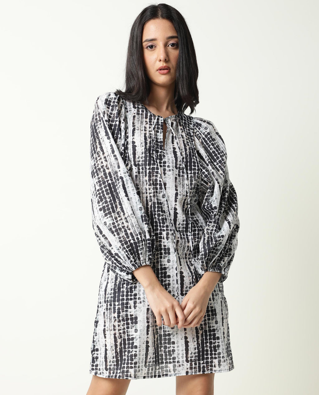 Rareism Women's Ragi Black Cotton Tie-Up Neck Abstract Print Volume Sleeve Mini Regular Fit Dress