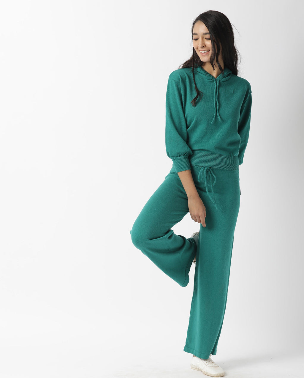 Rareism Women's Finn Sweat Green Cotton Hooded Plain Relaxed Fit Sweater
