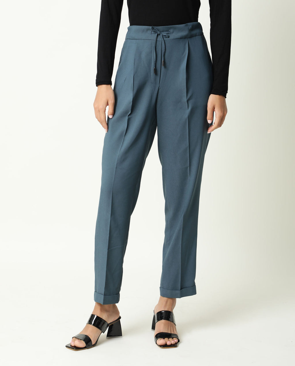 Rareism Women's Jeremiah Petrol Polyester Blend Plain Ankle Length Tailored Trouser