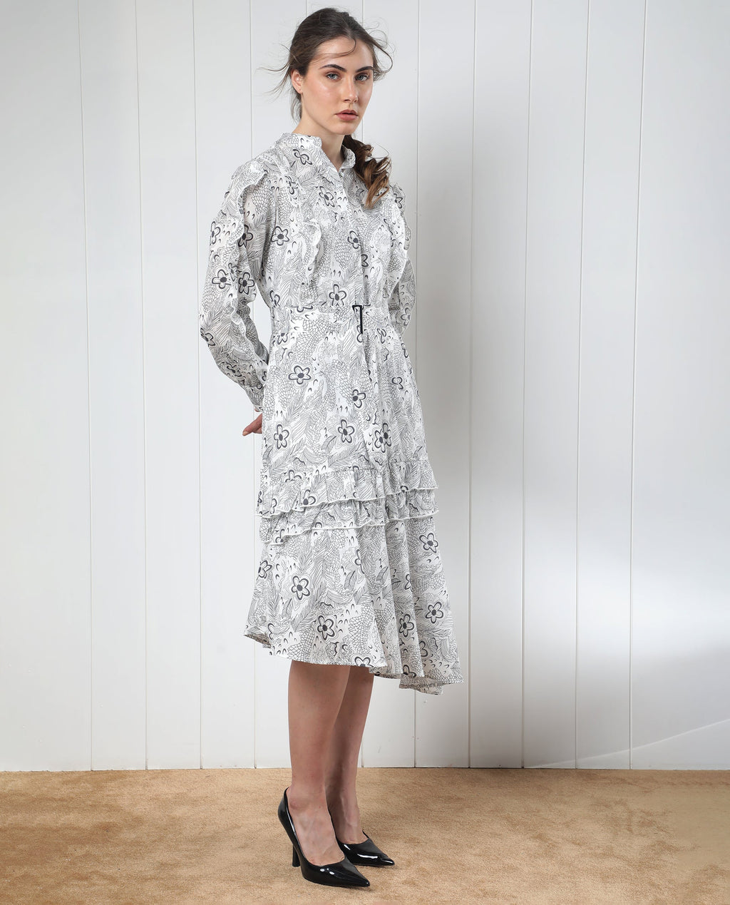 Rareism Women's Roose White Cotton Mandarin Collar Floral Print Knee Length Regular Fit Dress