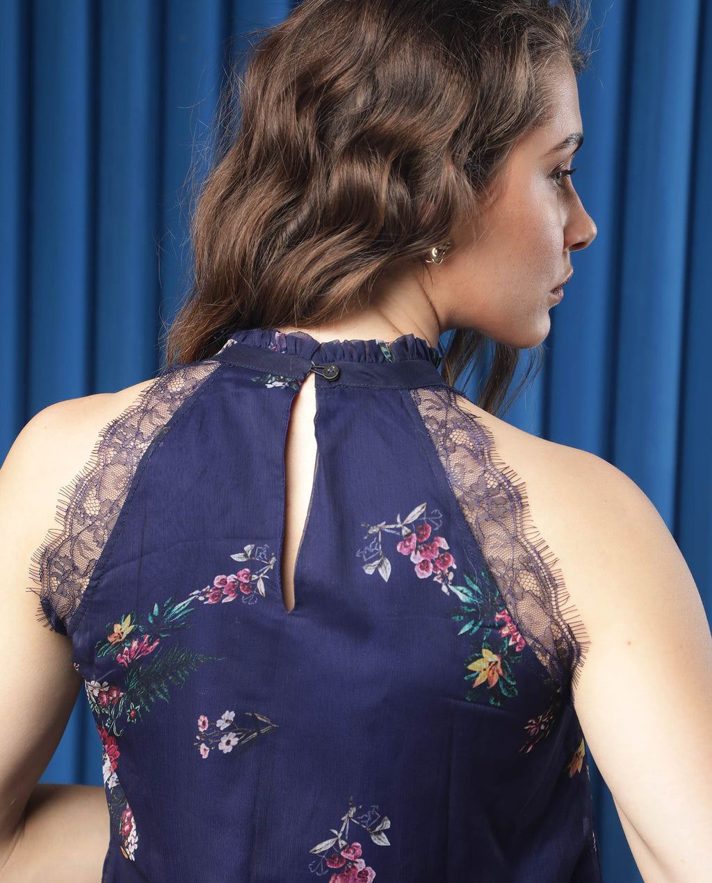 Rareism Women's Delins Blue Polyester High Neck Floral Print Sleeveless Regular Fit Top