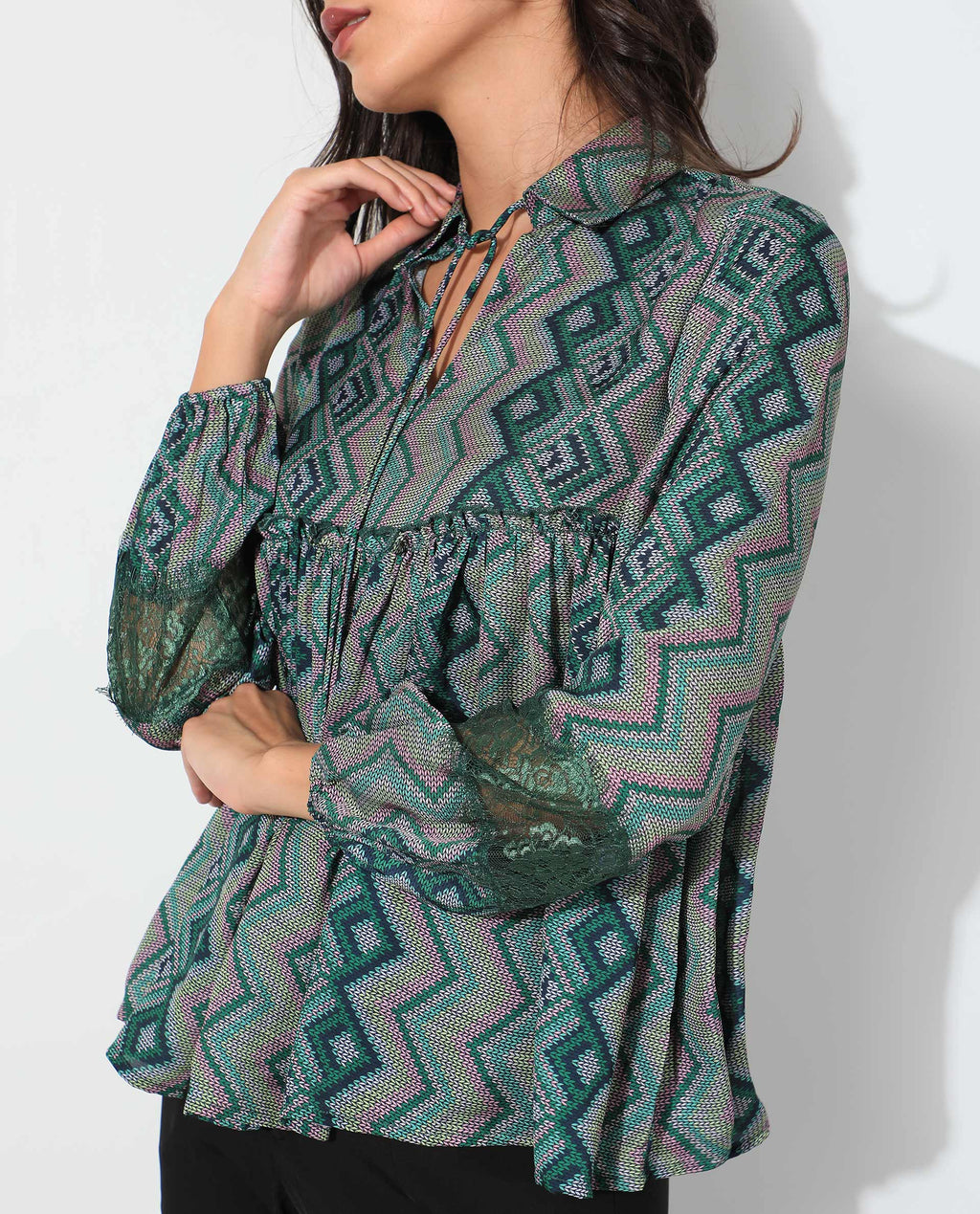 Rareism Women's Cataline Olive Polyester Tie-Up Neck Geometric Print Regular Fit Top