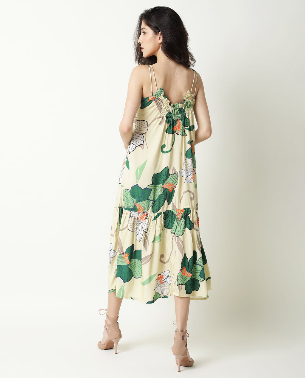 Rareism Women's Etana Offwhite Viscose V-Neck Floral Print Shoulder Strap Knee Length Regular Fit Dress