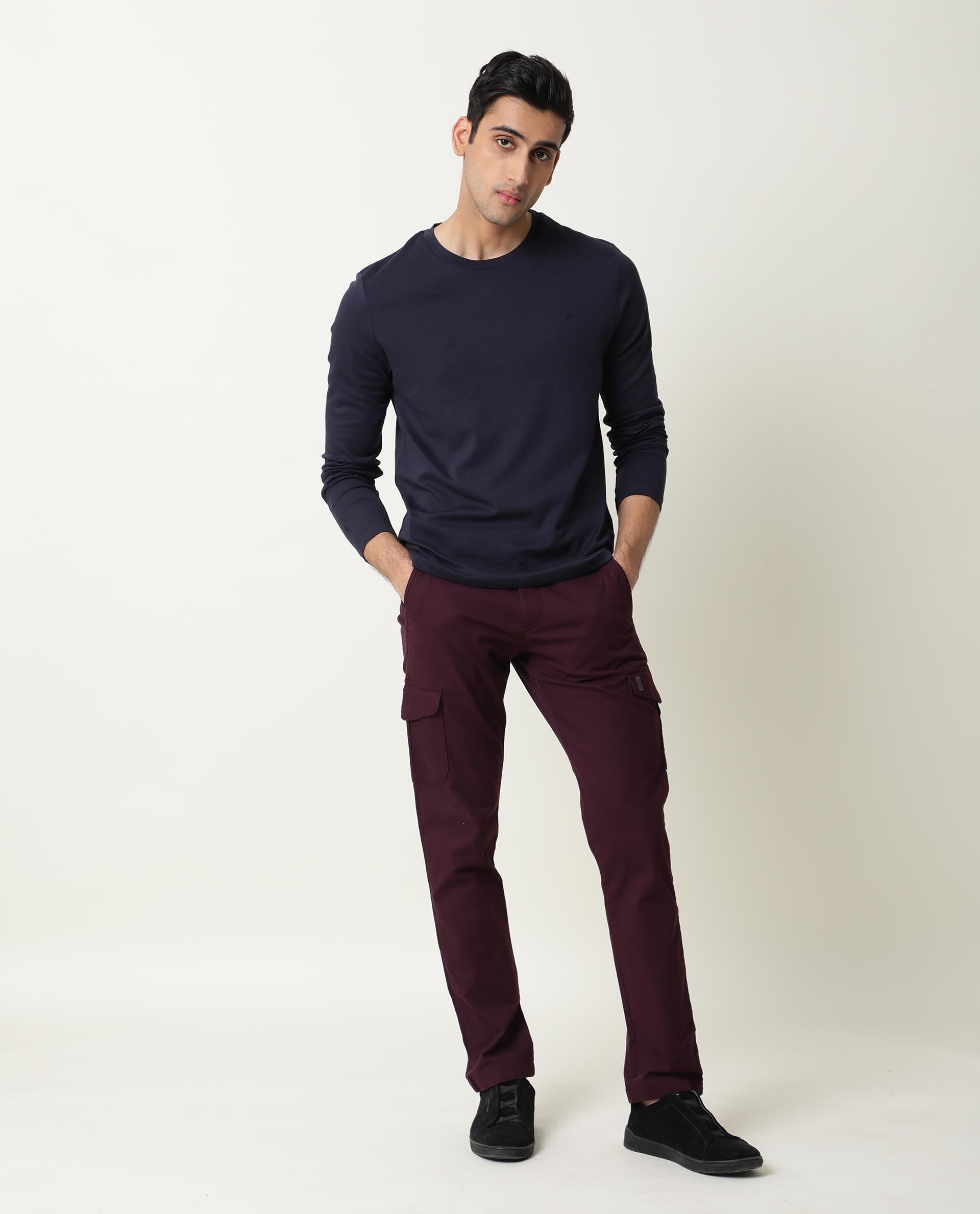 Rare Rabbit Men's Full Navy Cotton Plain Slim Fit Half Sleeve Crew Neck T-Shirt