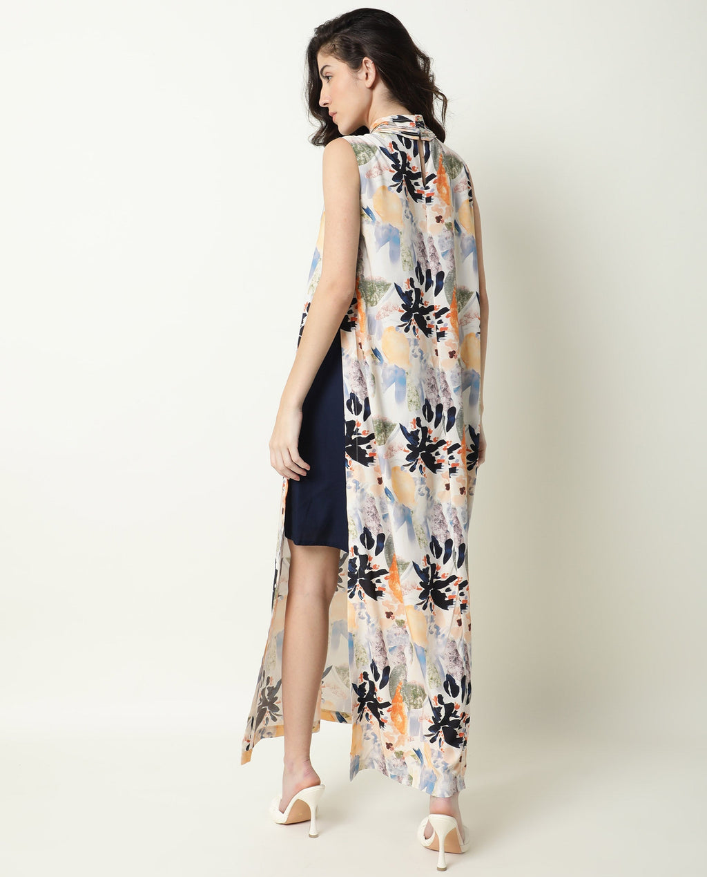 Rareism Women's Isa Multi High Neck Floral Print Sleeveless Knee Length Regular Fit Dress