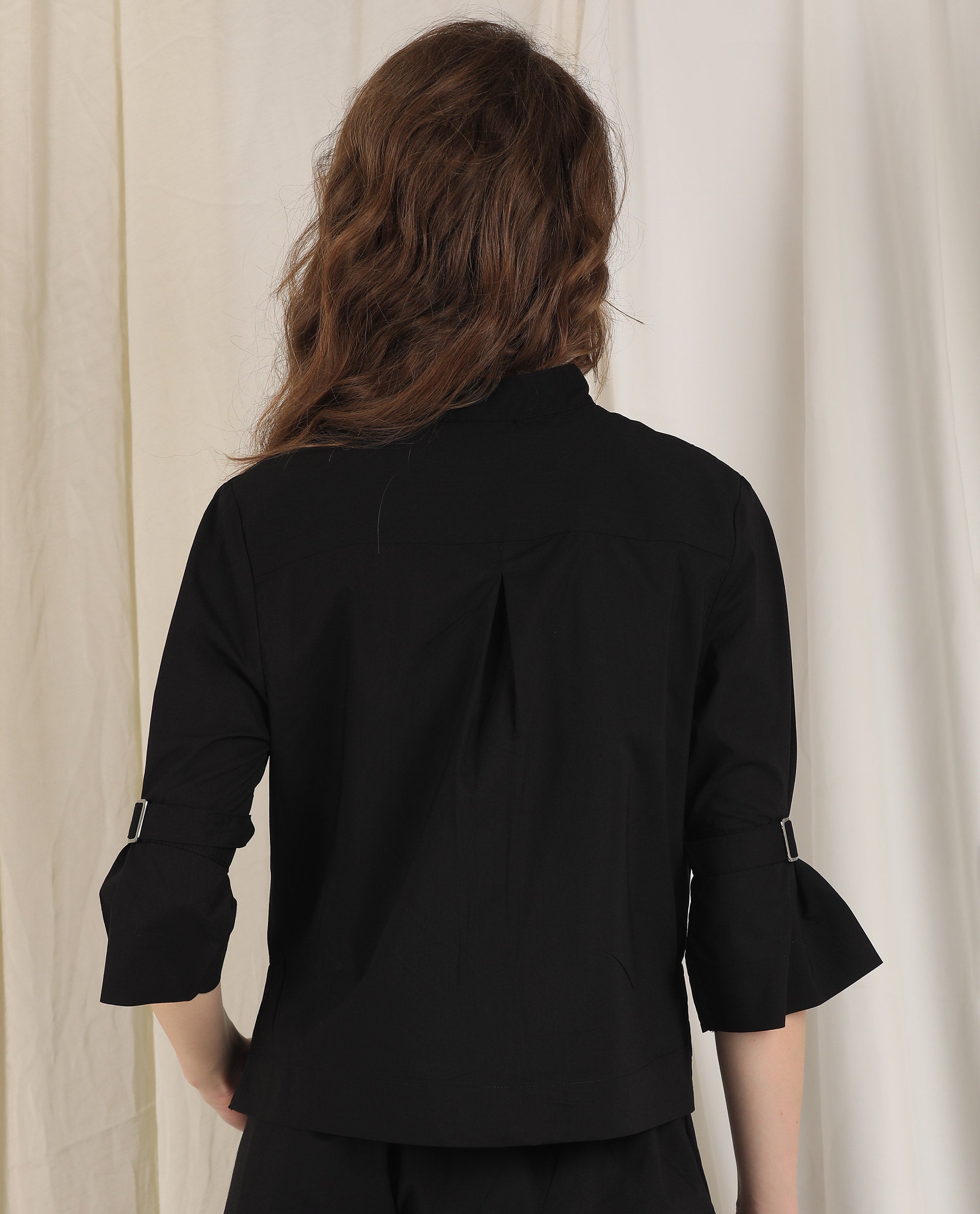 Rareism Women's Sendai Black Mandarin Collar Plain Knee Length Regular Fit Top