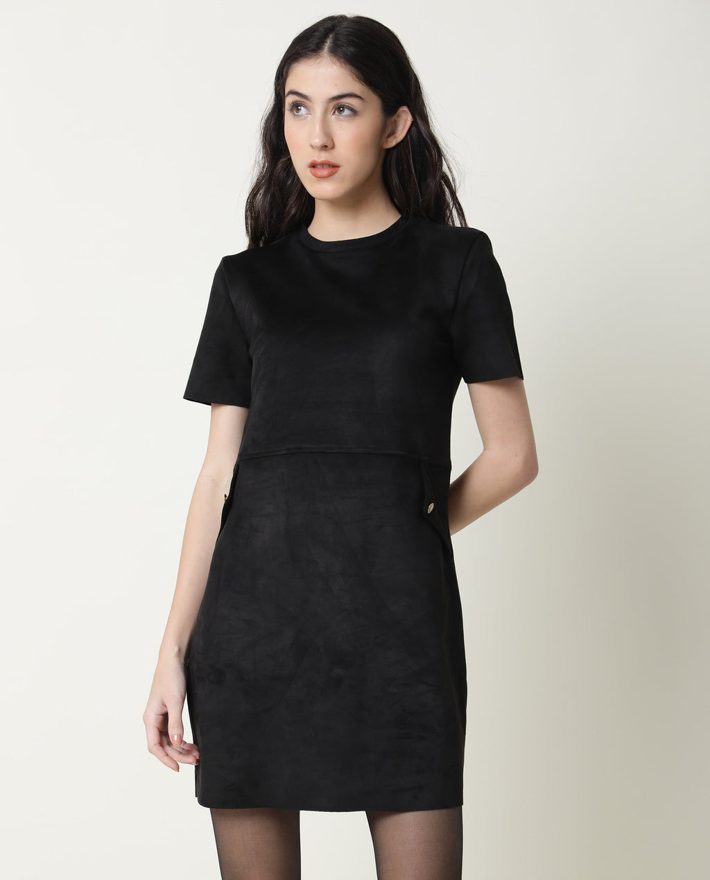 Rareism Women's Sions Black Crew Neck Plain Knee Length Tailored Dress