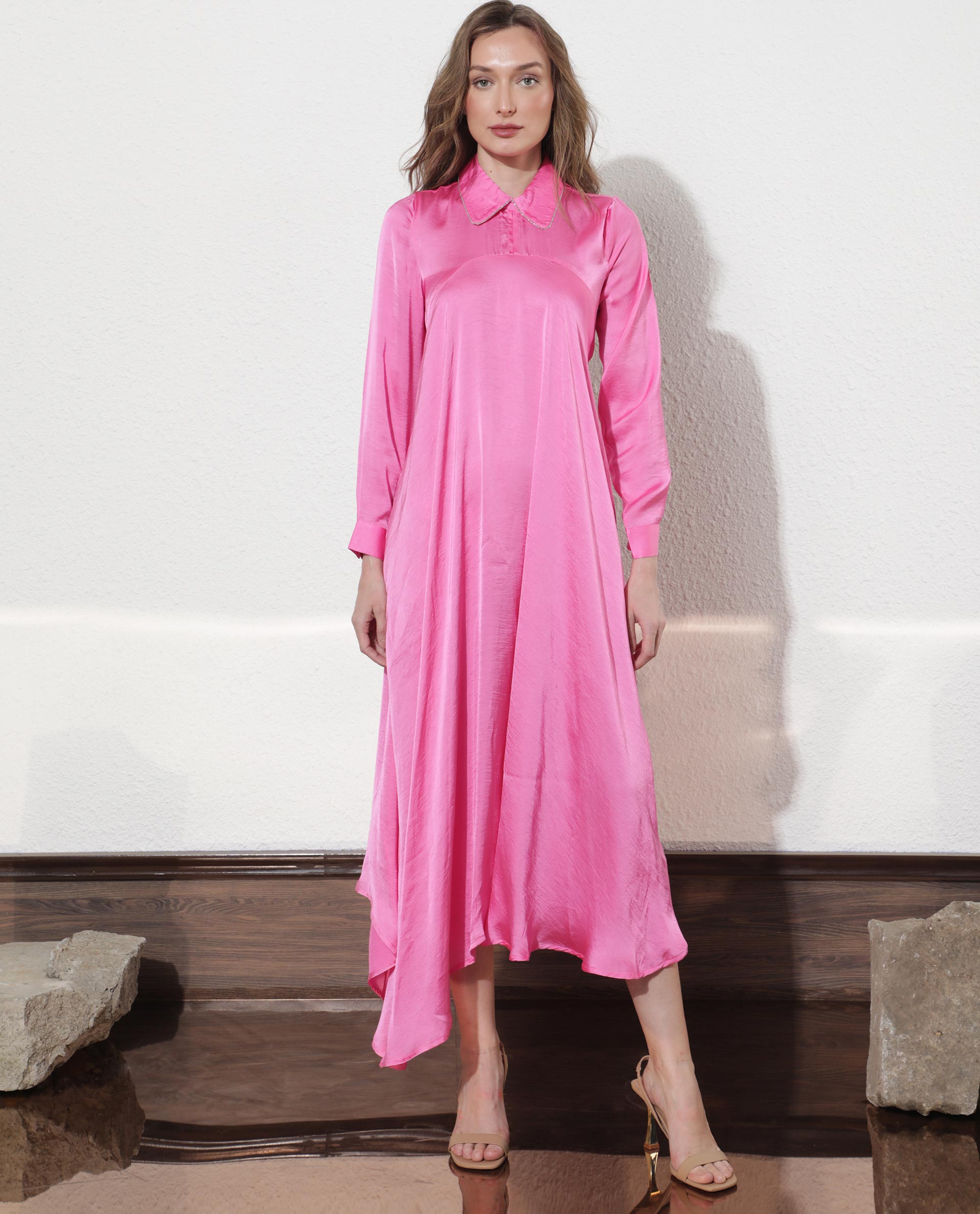 Rareism Women's Galaxyy Pink Modal Spread Collar Plain Maxi Regular Fit Dress