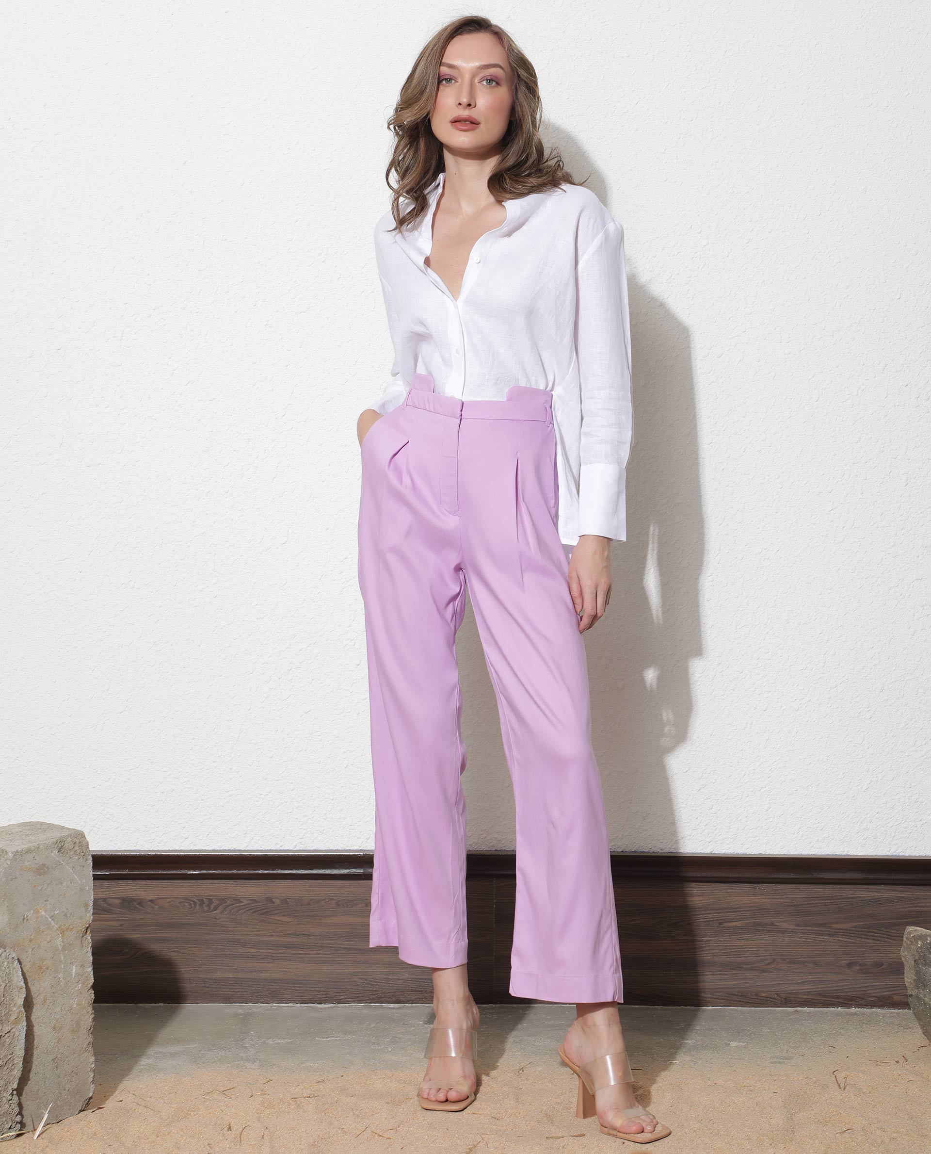 Rareism Women's Evanova Purple Viscose Plain Ankle Length Regular Fit Trouser