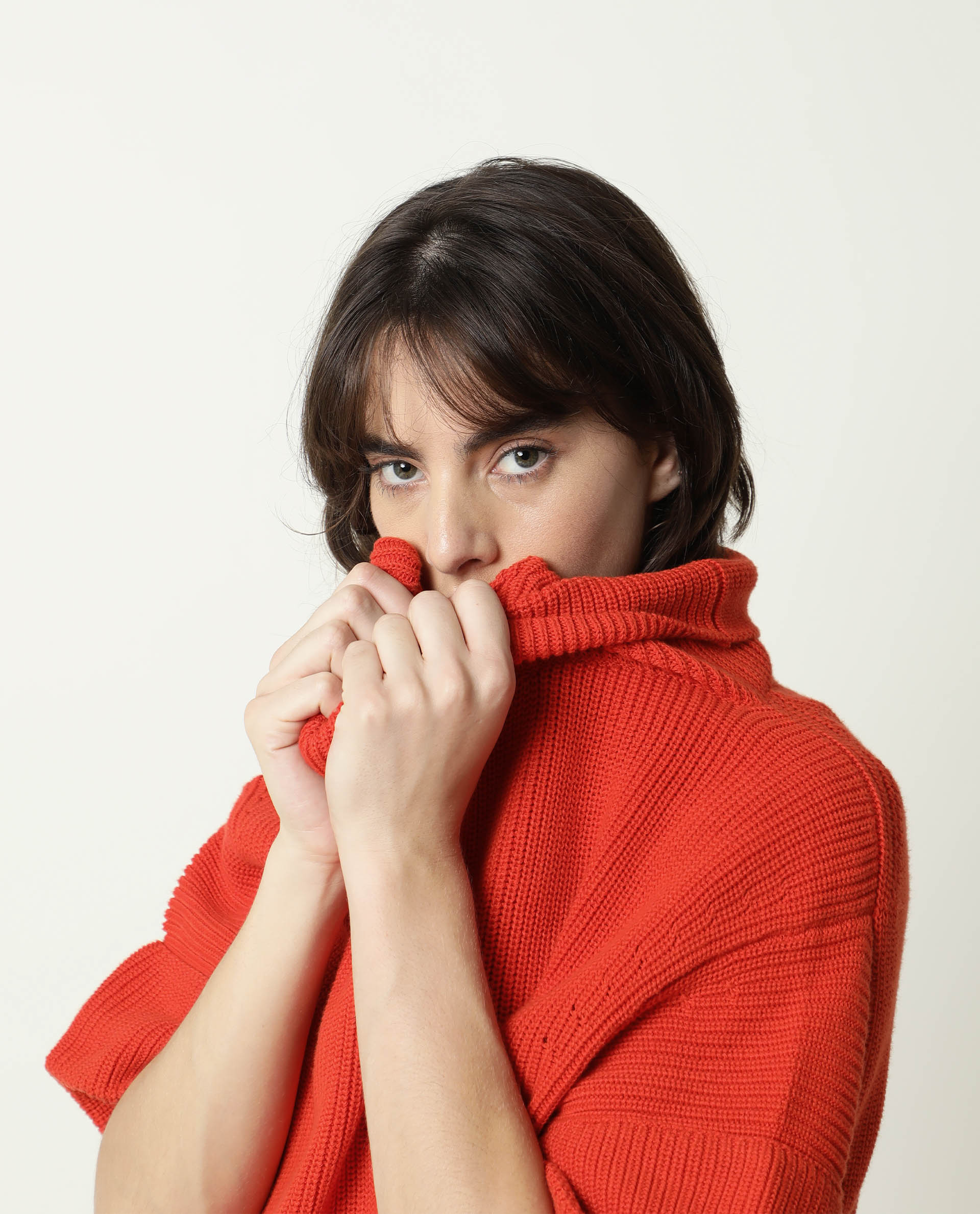 Rareism Women's Daffy Orange Cotton Cowl Neck Plain Cuffed Sleeve Relaxed Fit Sweater