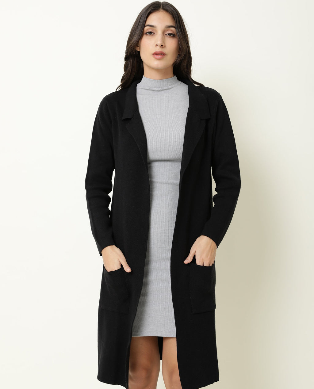 Rareism Women's Trident Black Cotton Lapel Neck Plain Knee Length Regular Fit Sweater