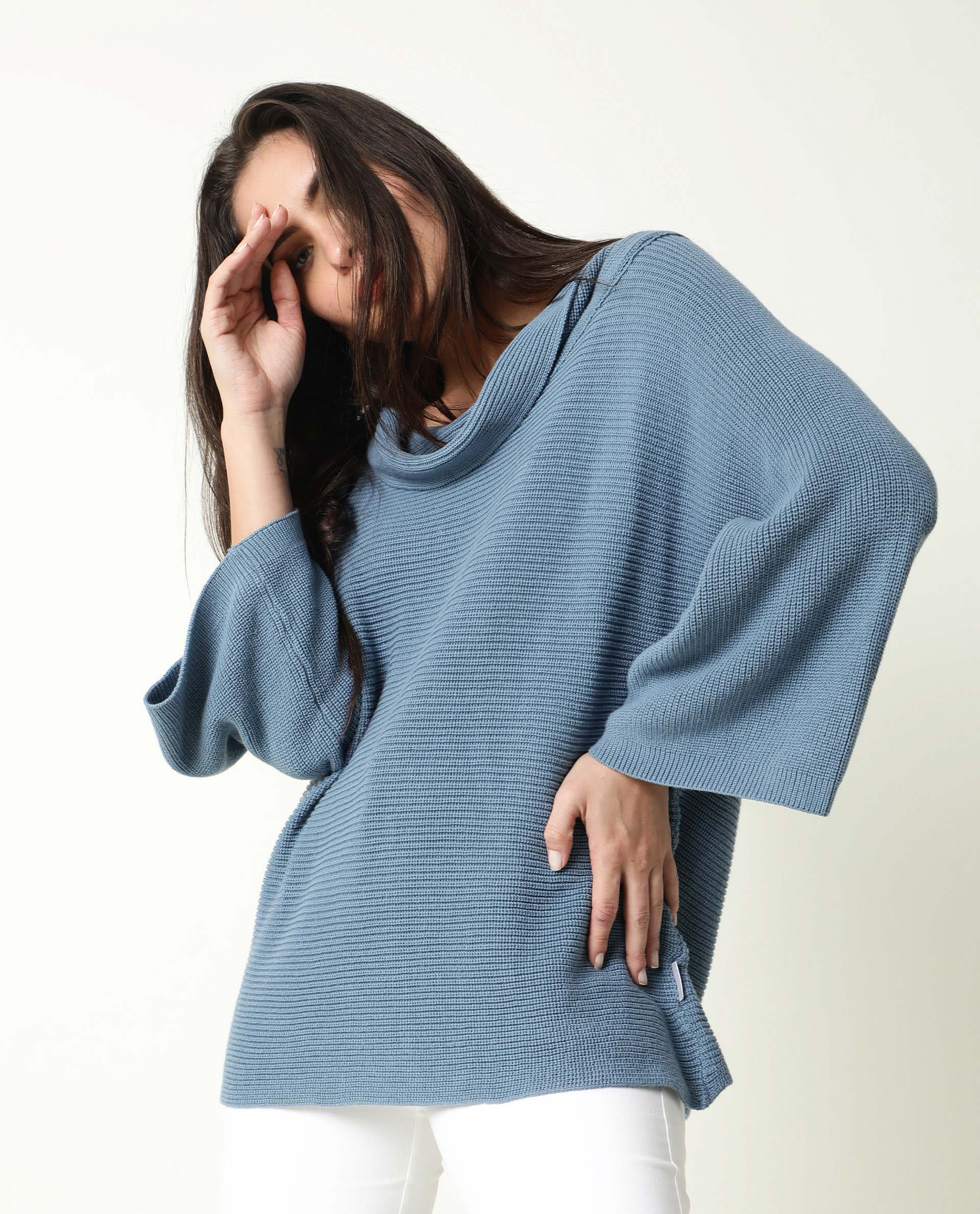 Rareism Women's Cleo Blue Cowl Neck Plain Relaxed Fit Sweater